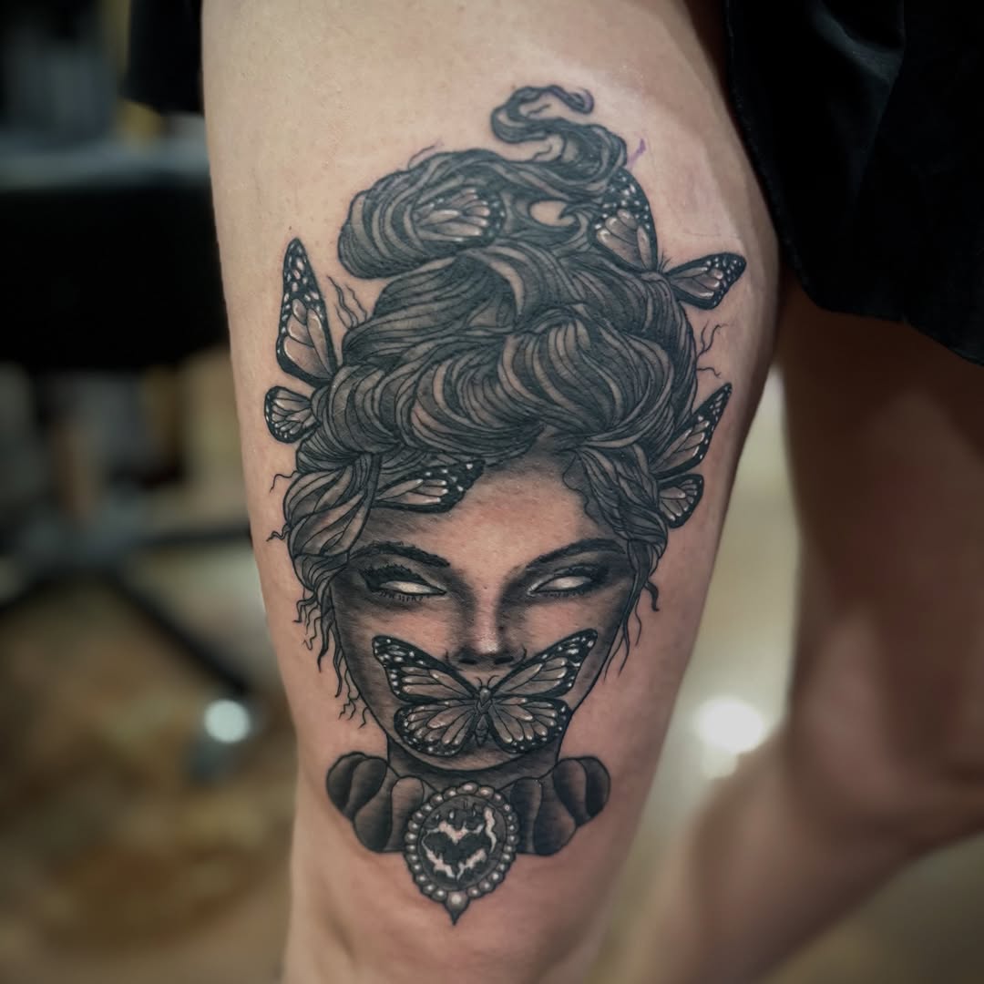 Tattoo by @oldfeatherfingers — black_and_grey, realism