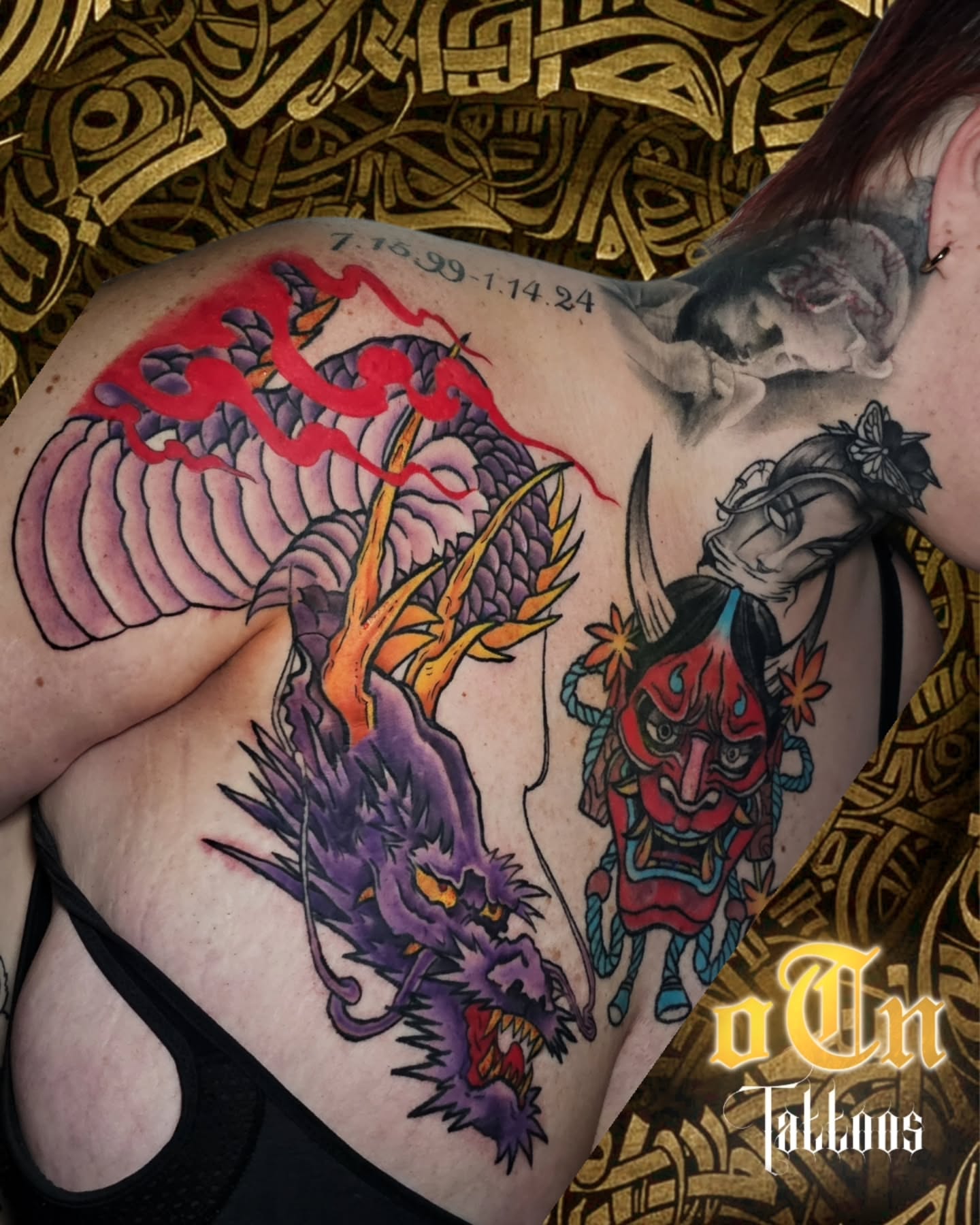 Dragon and mask japanese irezumi tattoo on the back by New York Tattoos Artist