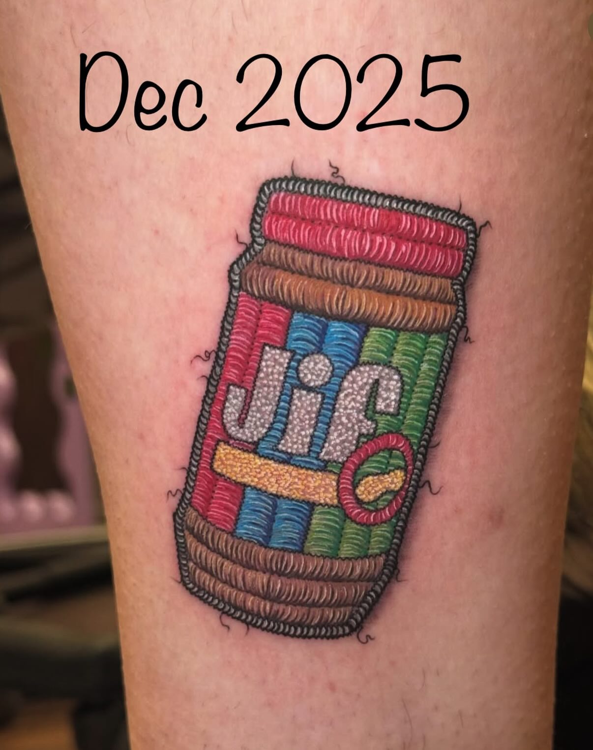 Jif peanut butter jar dotwork tattoo on the thigh by Max