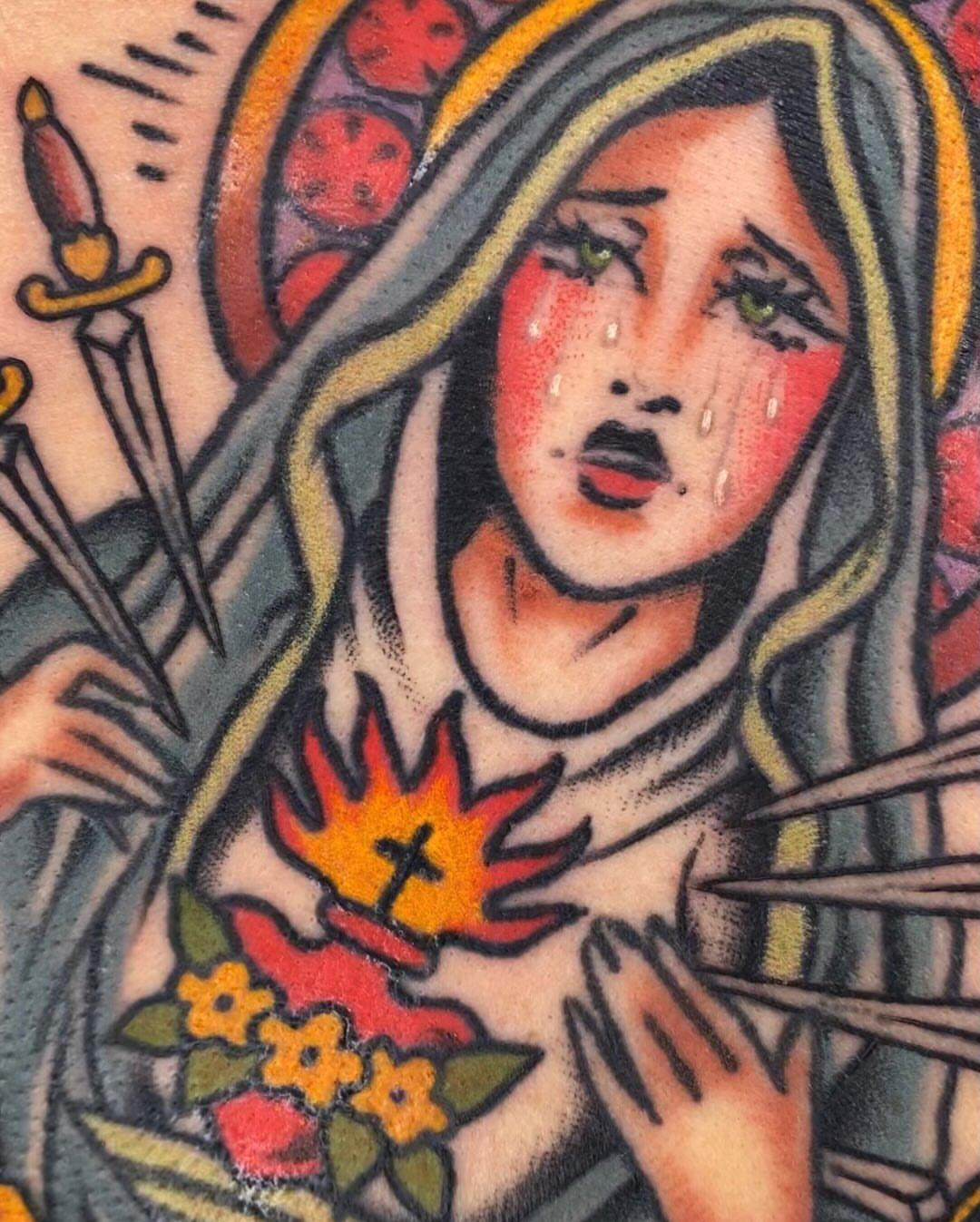 Religious figure American traditional tattoo on the chest by Morgana Sutherland