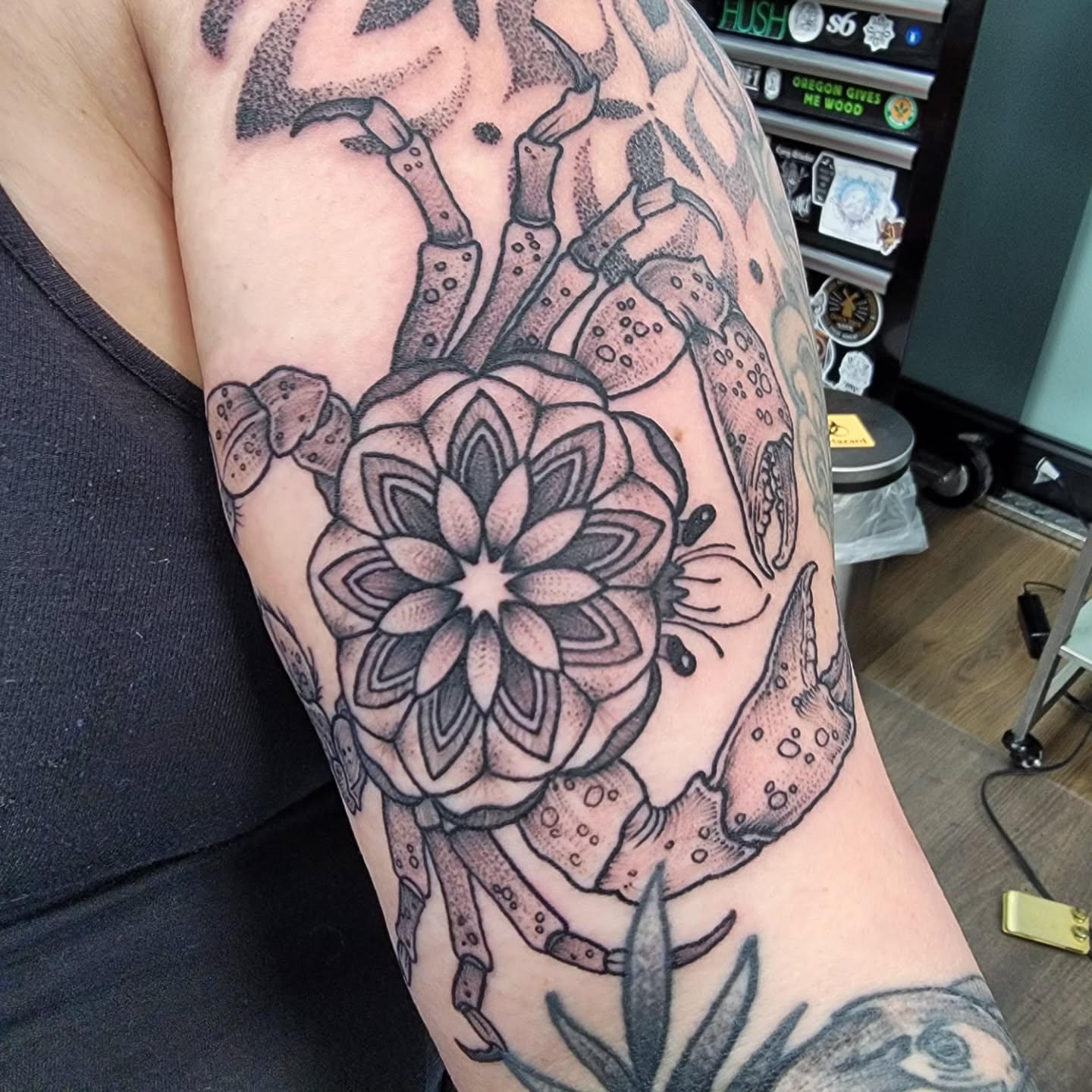 Lotus flower dotwork tattoo on the forearm by Chantel Chan, Portland, Oregon