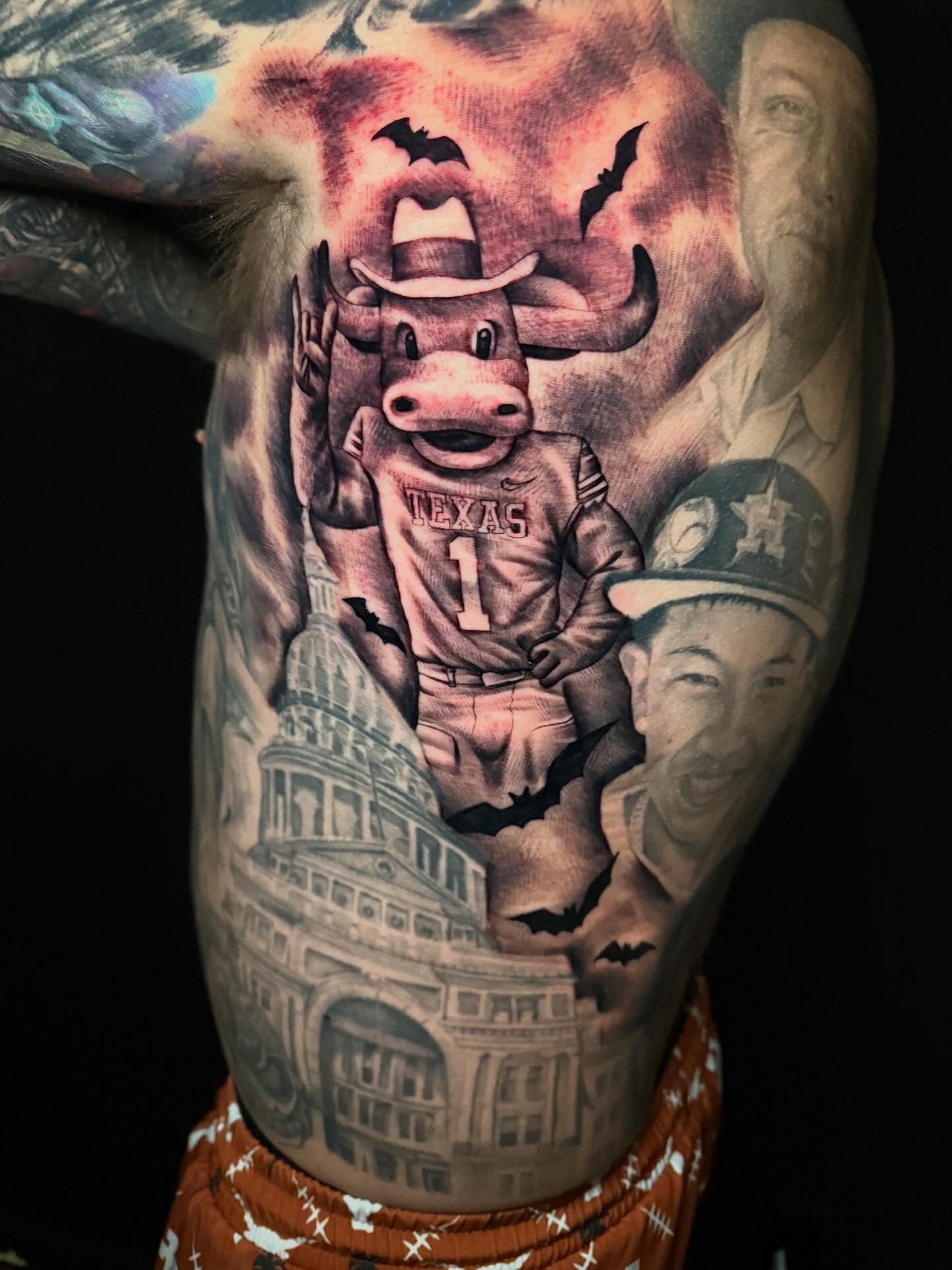 Longhorn mascot realism tattoo on the upper arm by George Maldonado Austin, Austin, Texas
