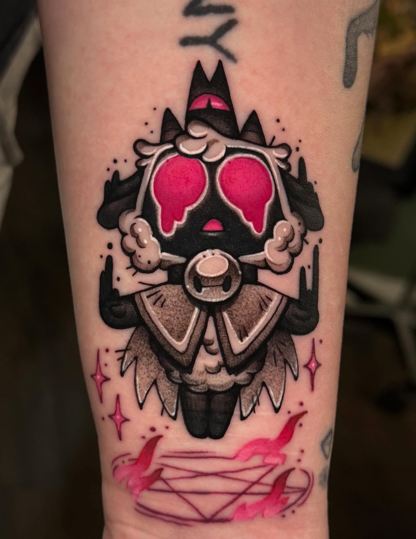 Mask with pink eyes American traditional tattoo on the forearm by π»ππππ β½ πΏππππ, Franklin, Tennessee