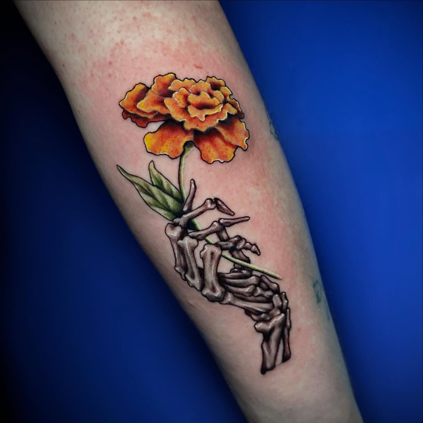 Marigold and skeleton realism tattoo on the forearm by Adrian Michigan Tattoo Artist