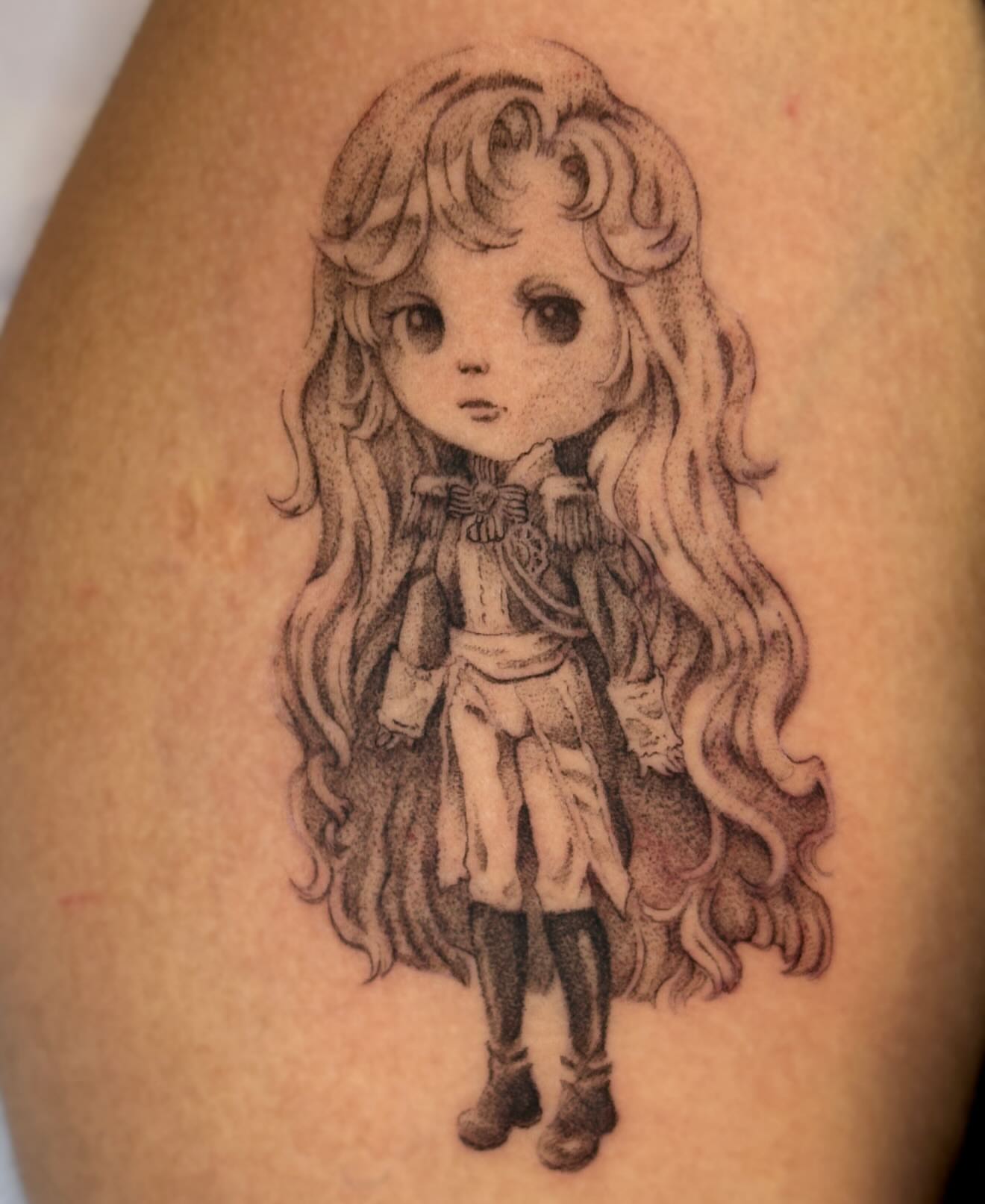 Doll dotwork tattoo on the thigh by jo, Wichita, Kansas