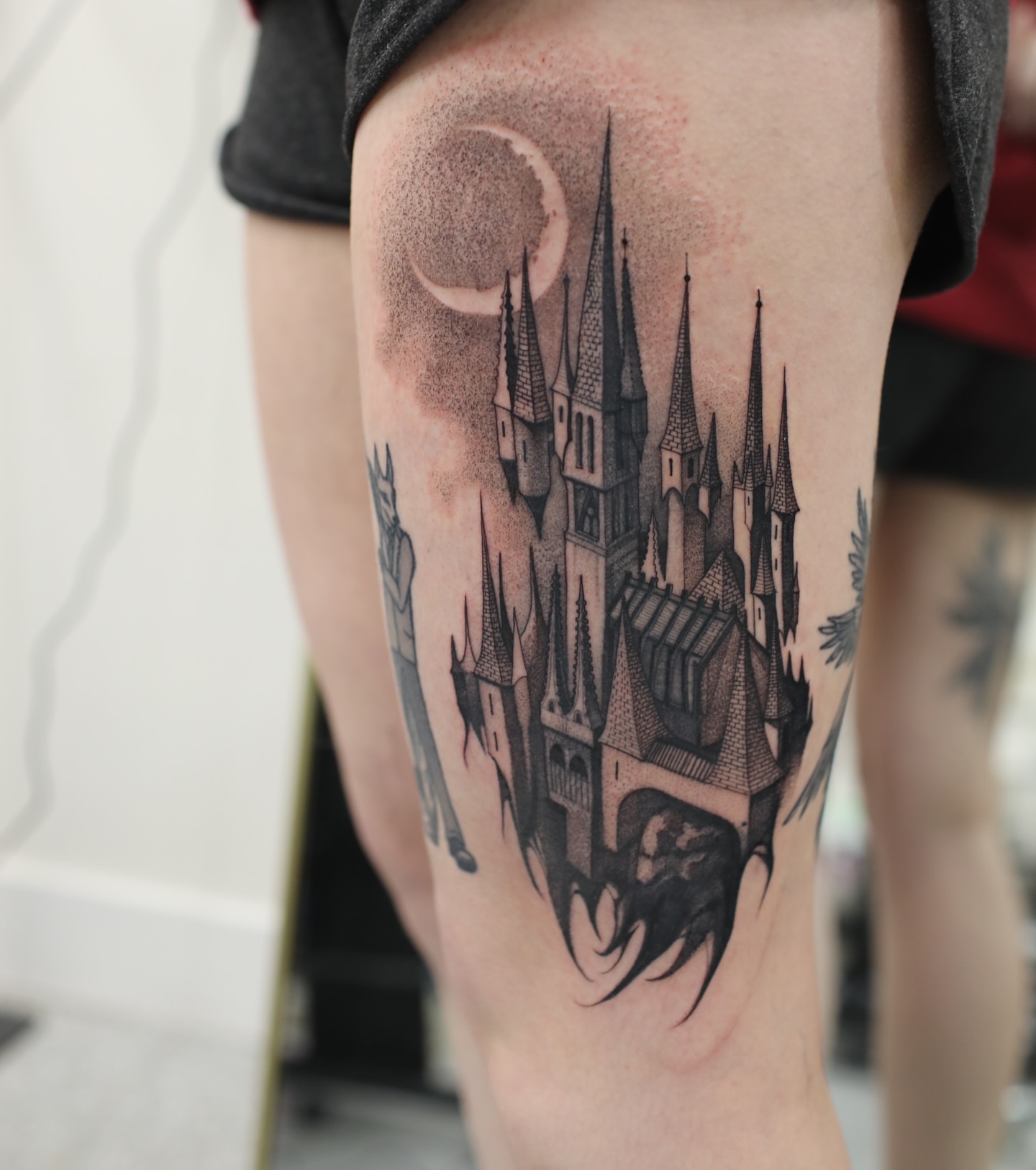 Castle dotwork tattoo on the thigh by Strokin Konstantin