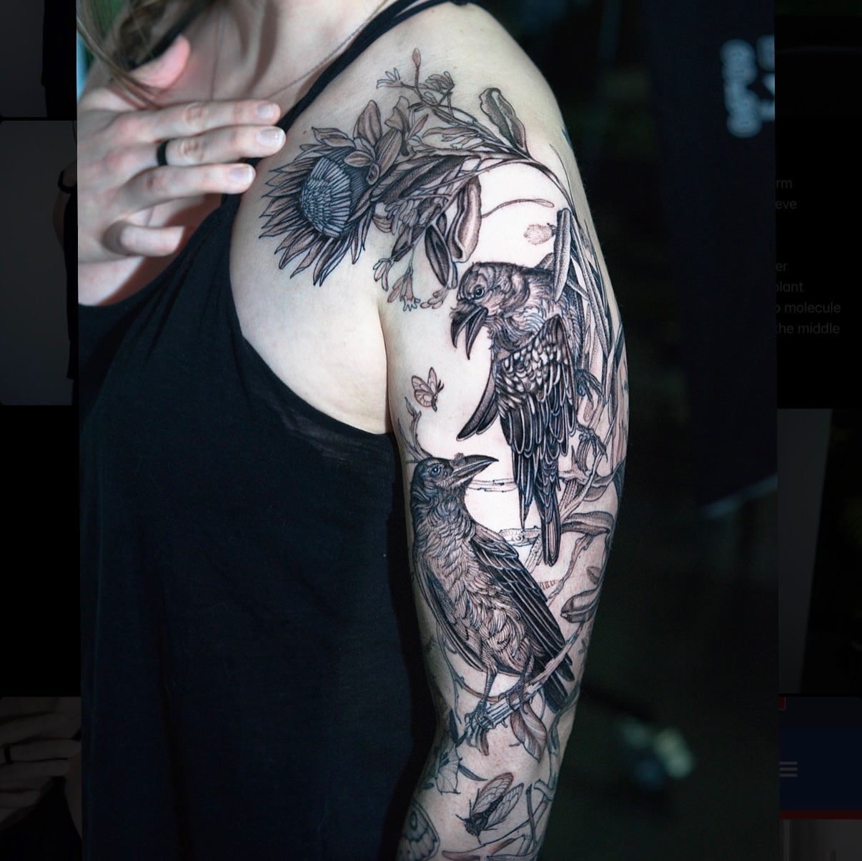 Birds and flowers realism tattoo on the upper arm by H I R A  L U P E - tattoo artist, Oakland, California