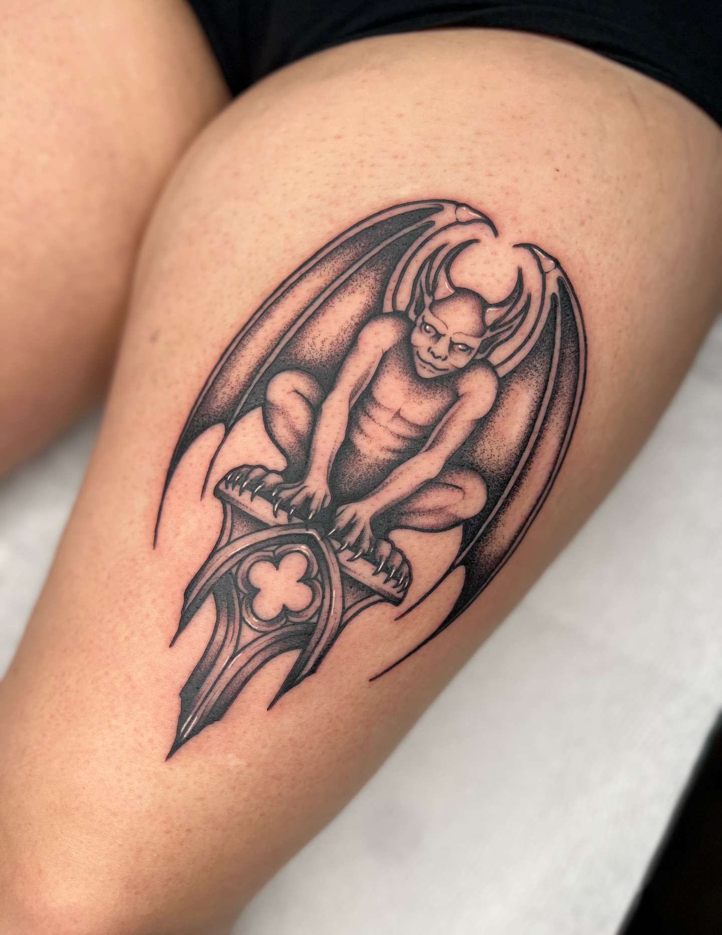 Demon with wings black and grey tattoo on the thigh by 𝔐𝔦𝔠𝔥𝔢𝔩𝔩𝔢 ℭ𝔥𝔞𝔪𝔢𝔯𝔩𝔦𝔨