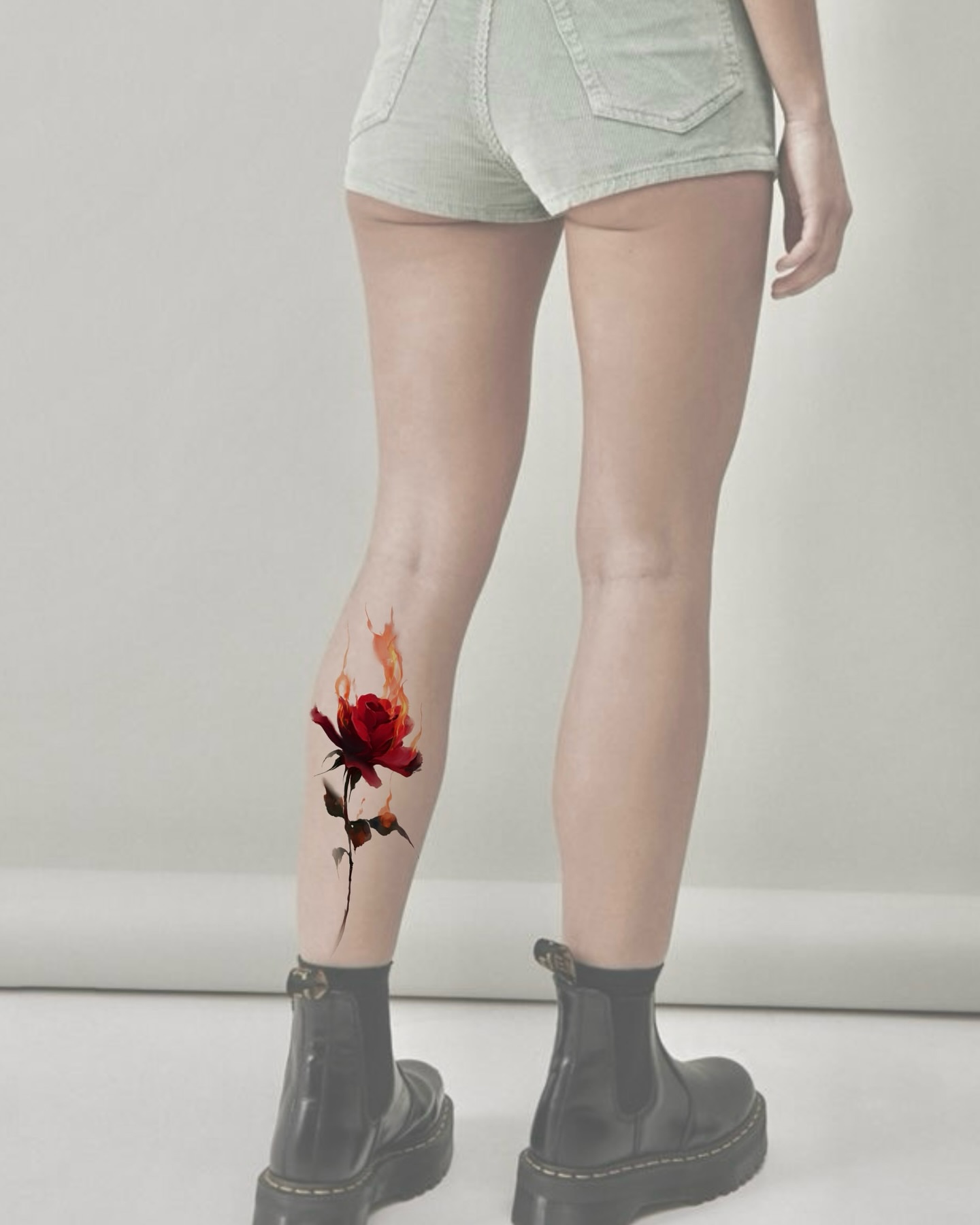 Burning rose realism tattoo on the leg by Sylvia｜思岐, Vancouver, British Columbia