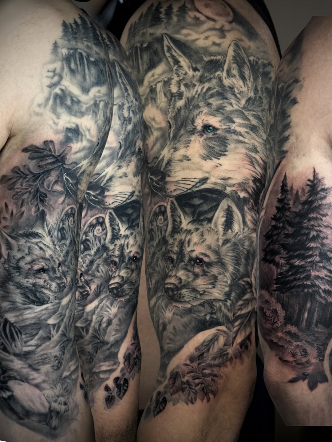 Wolf pack realism tattoo on the chest by Anna Saveria