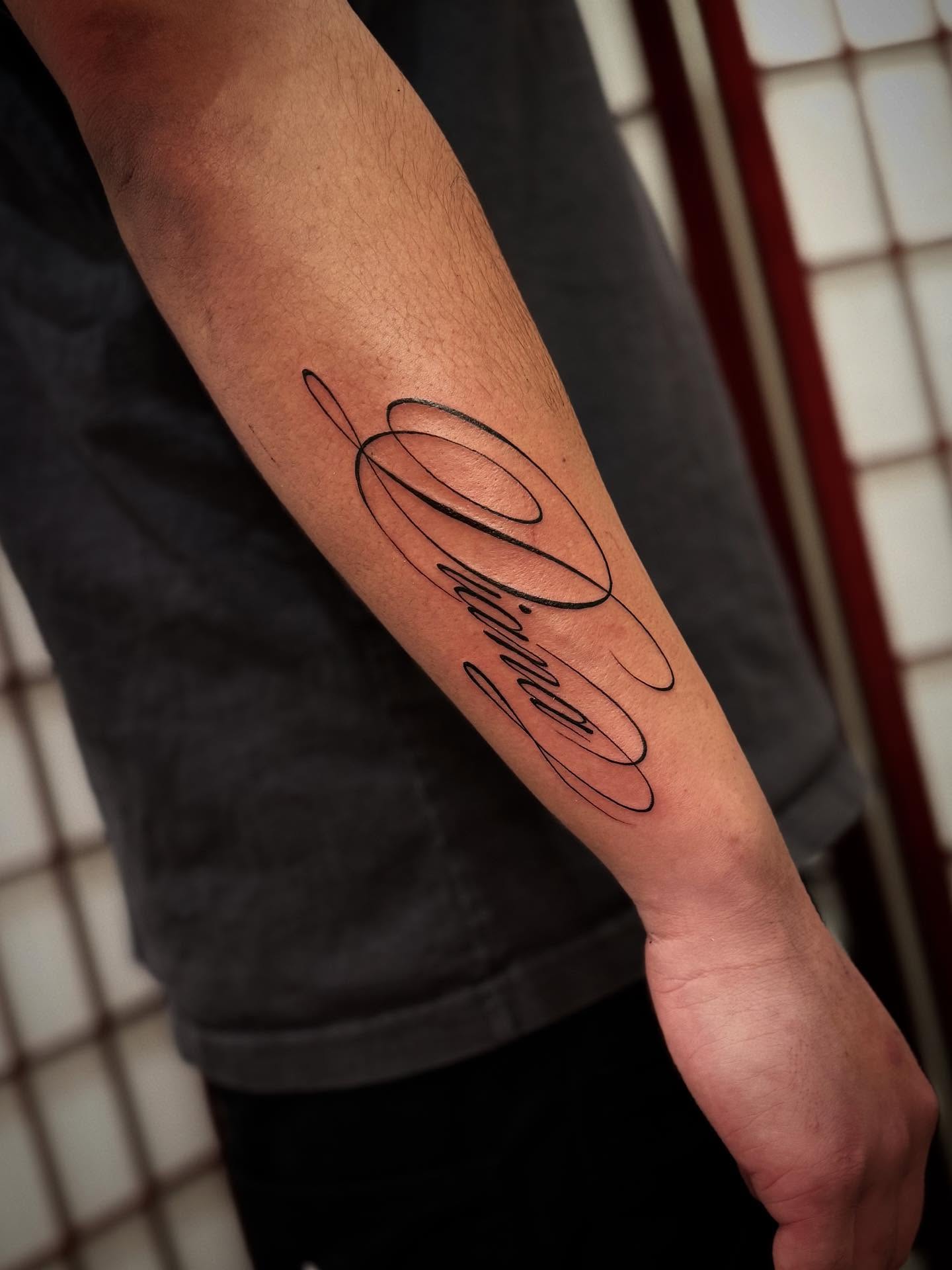 Script lettering lettering script tattoo on the forearm by MISO ⟡ Bay Area Tattoo Artist