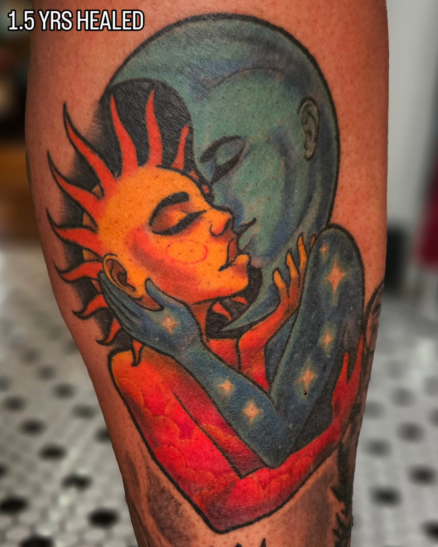Sun and moon American traditional tattoo on the forearm by ๐๐๐๐