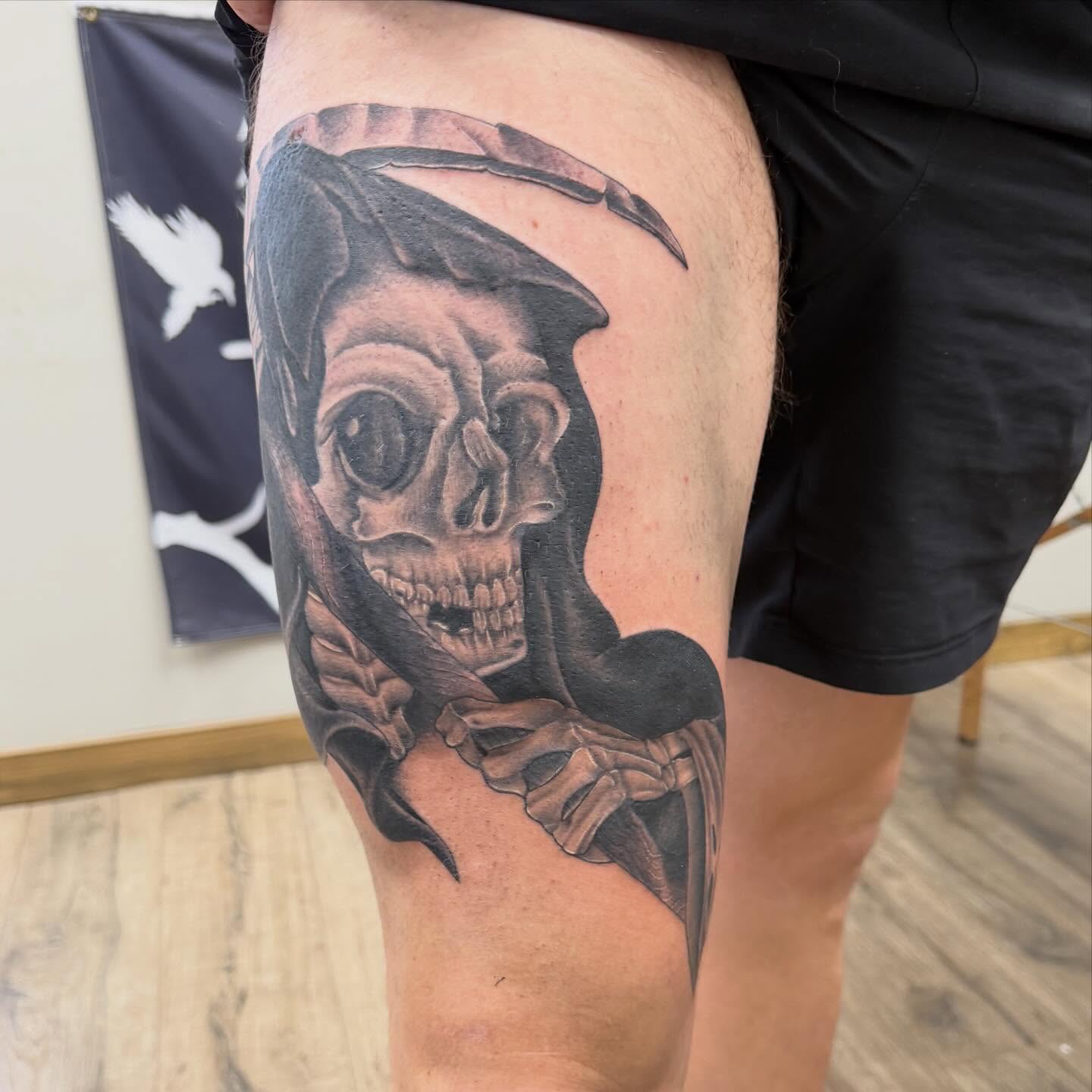 Grim reaper realism tattoo on the thigh by Matt Hattaway