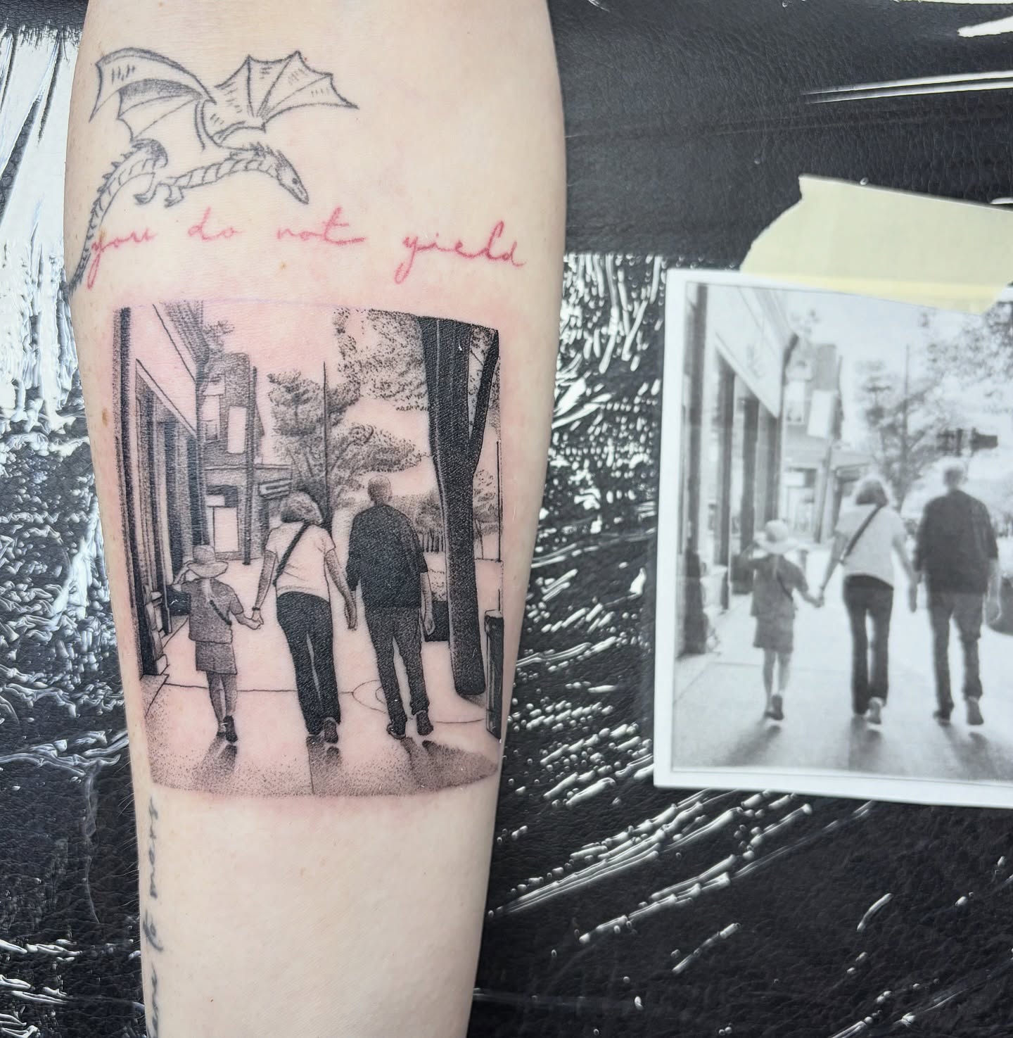 Family walking dotwork tattoo on the forearm by Kelli Donegan ๐ท