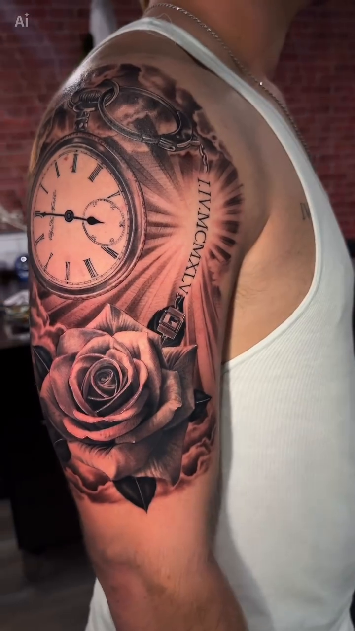 Pocket watch and roses realism tattoo by Gee Lagunas 🇲🇽, Springfield, Virginia