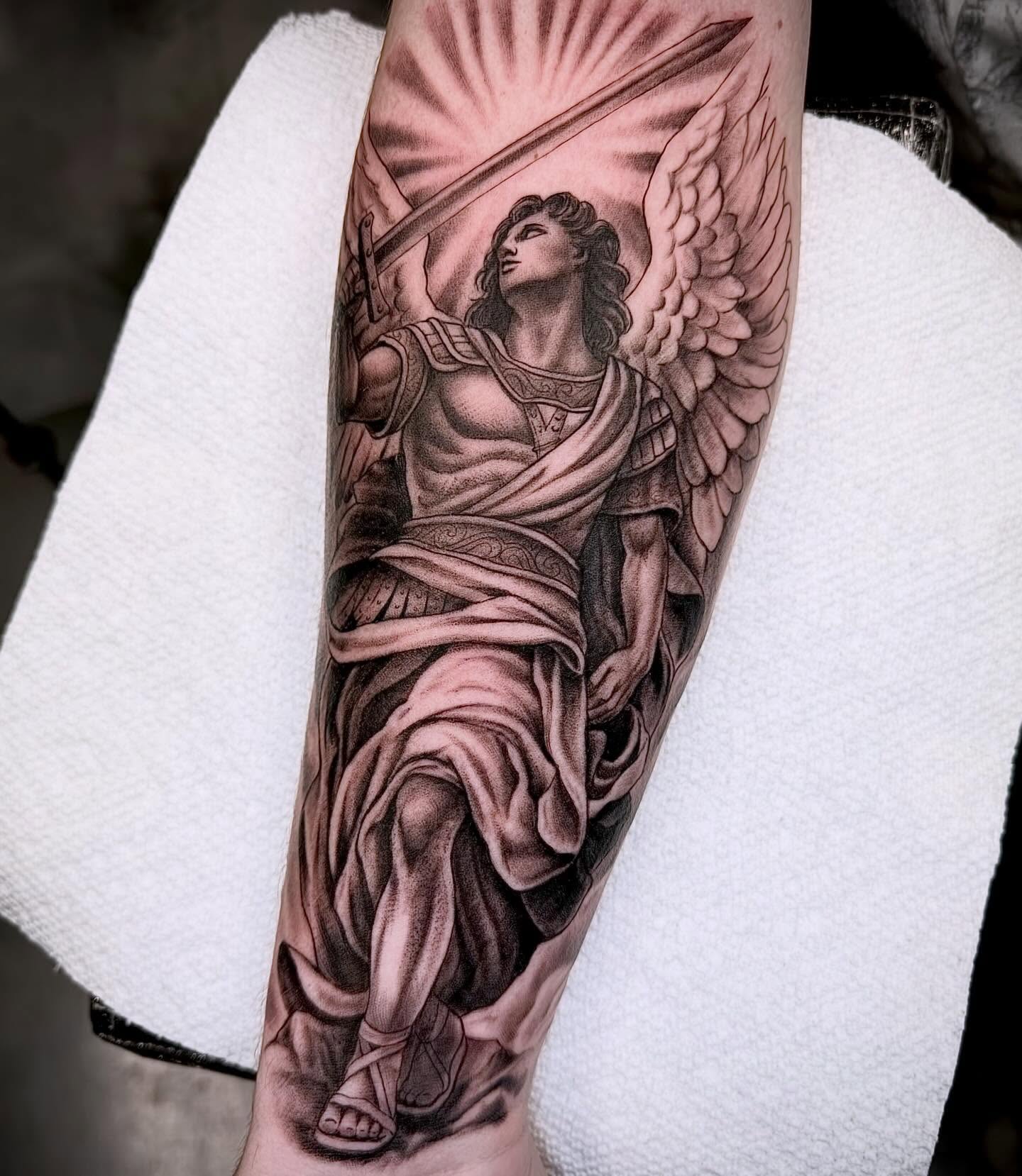 Angel with sword realism tattoo on the forearm by ⚡️Jay Cunliffe⚡️