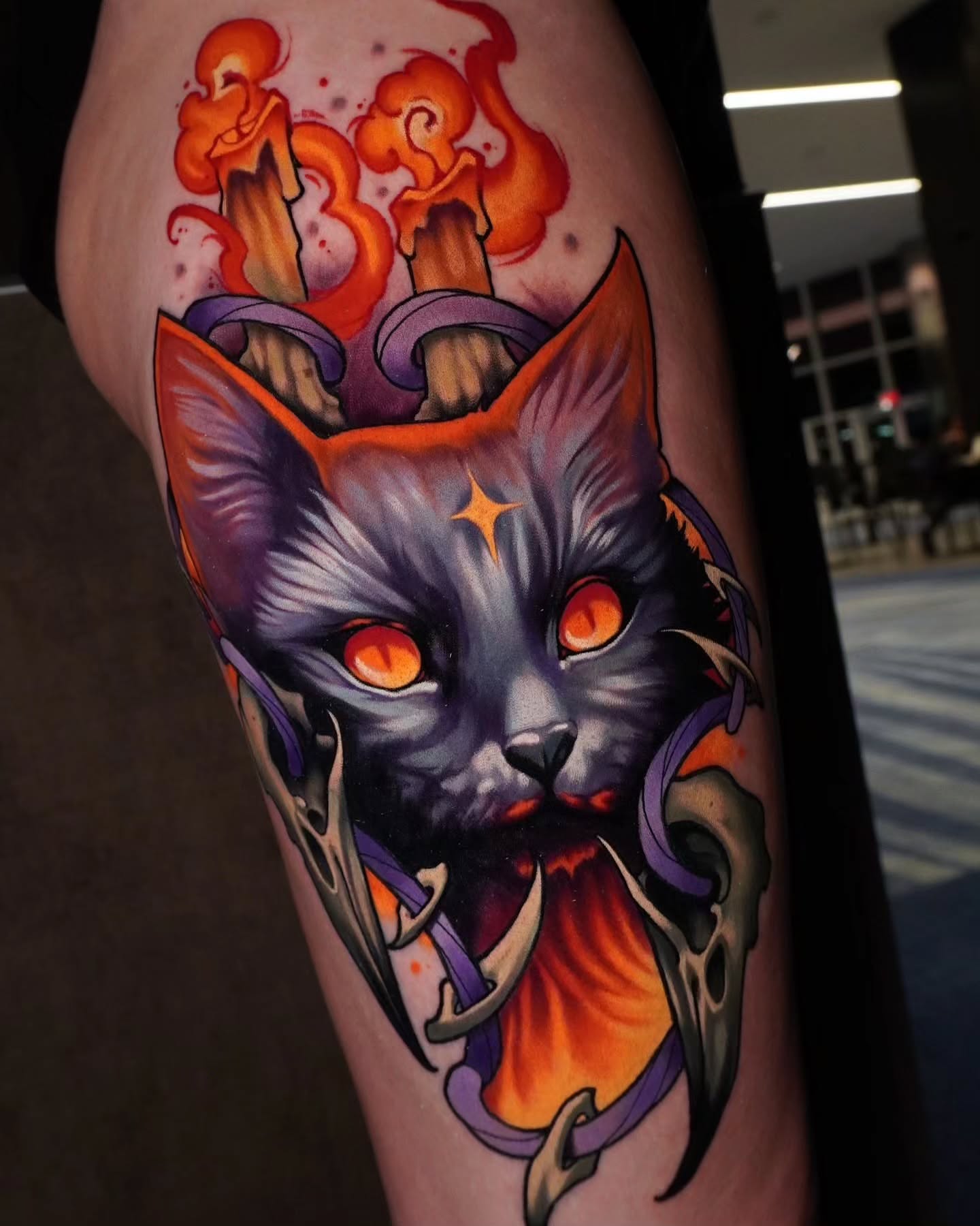 Cat American traditional tattoo on the forearm by Andrey