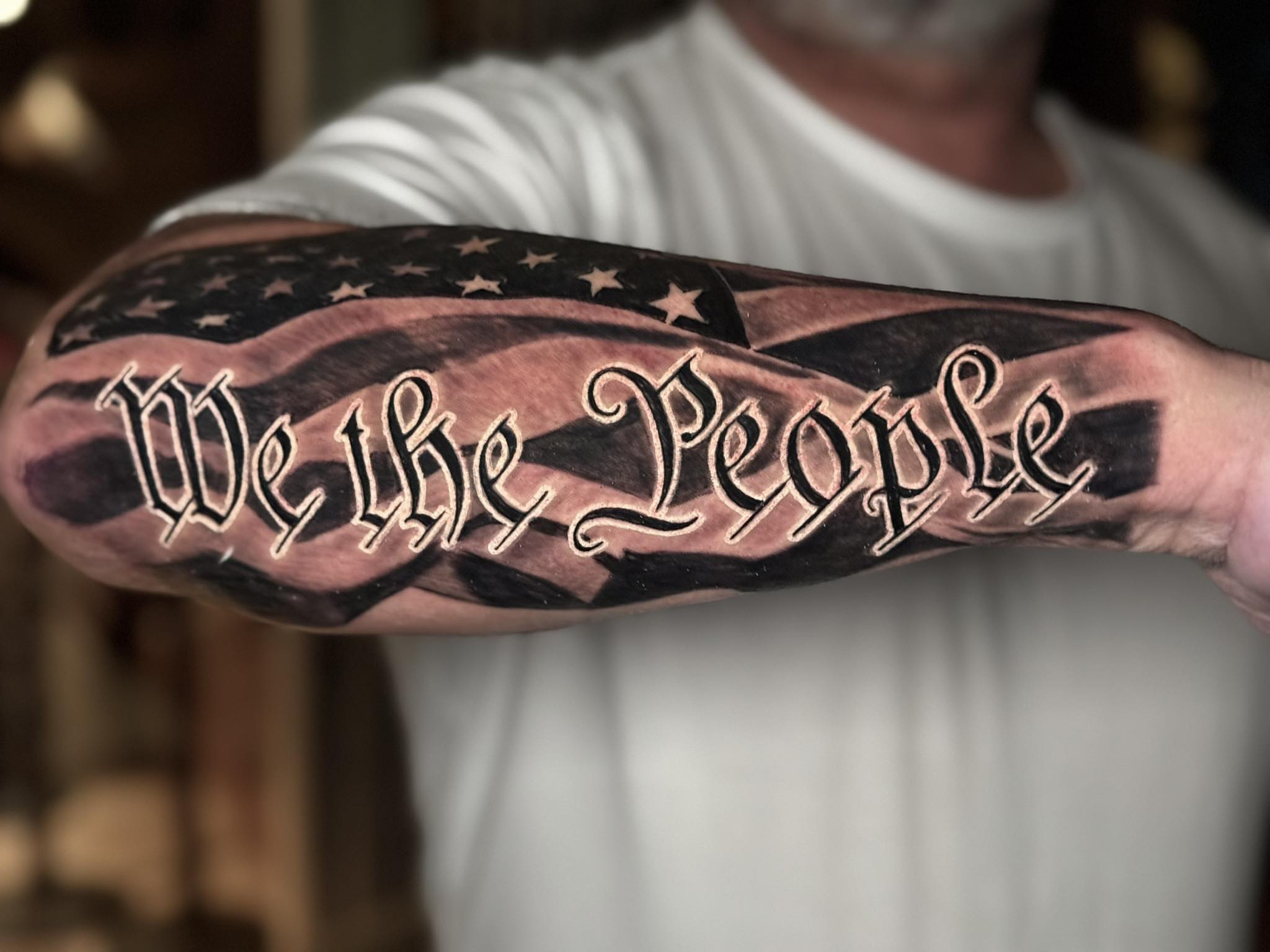 Tattoo by @joecollegetattoo — black_and_grey, lettering_script