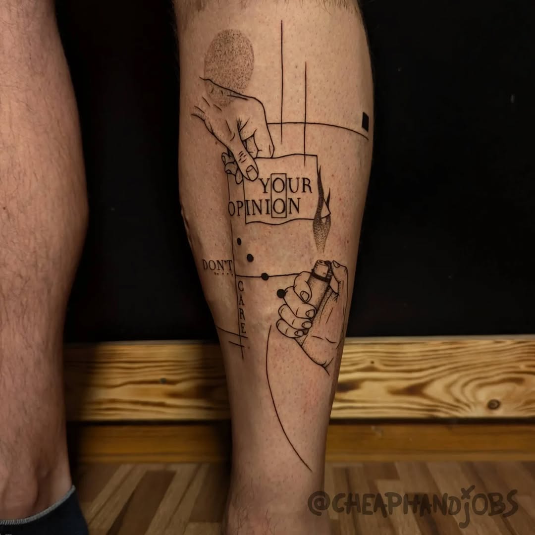 Ignorant tattoo on the calf by @cheaphandjobs, Leipzig, Germany