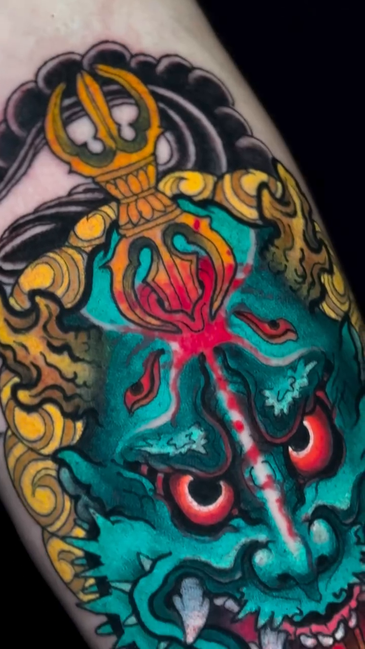 Demon mask japanese irezumi tattoo by Alezumie