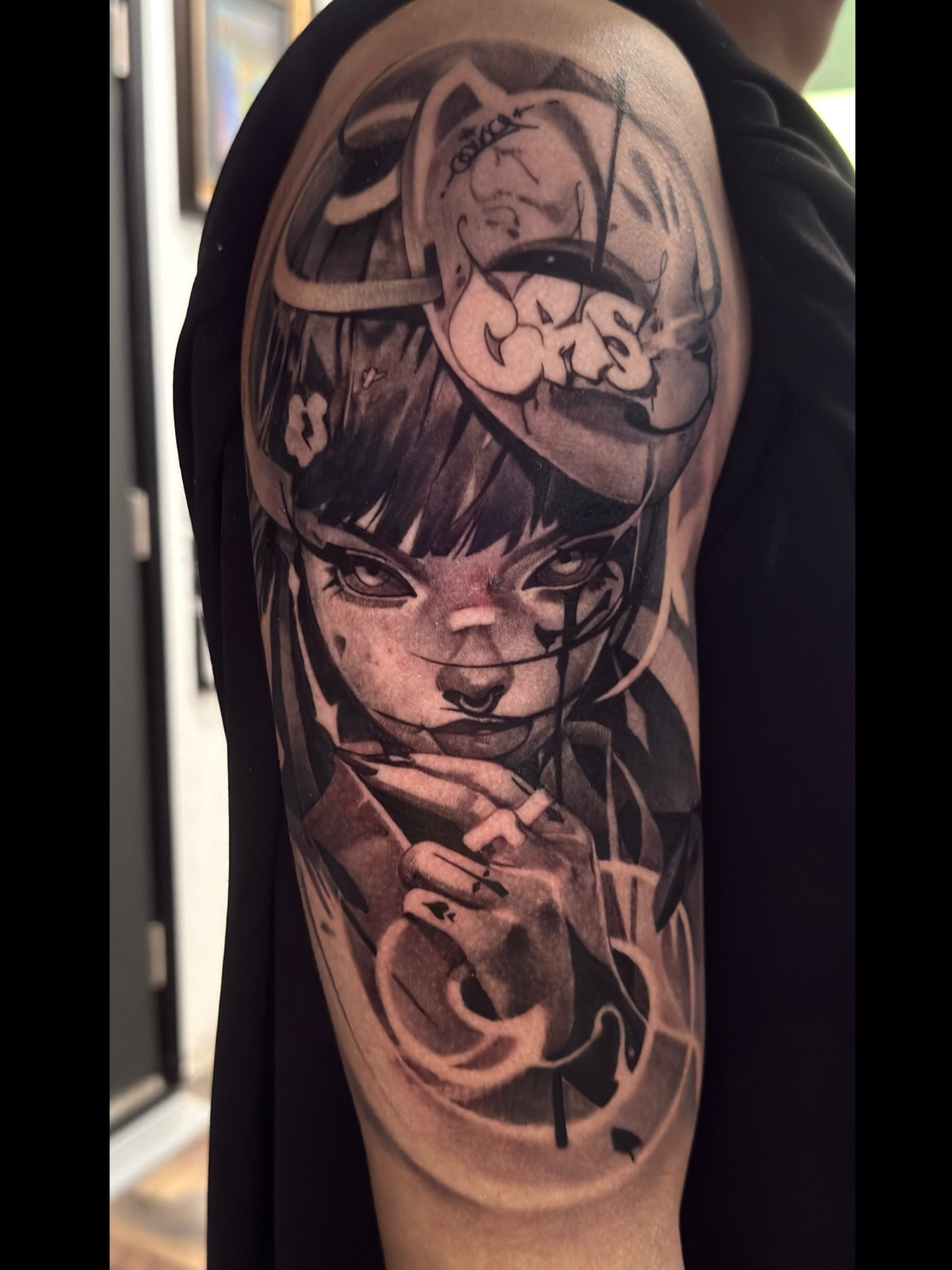 Tattoo by @tattoo_fingers β anime, black_and_grey
