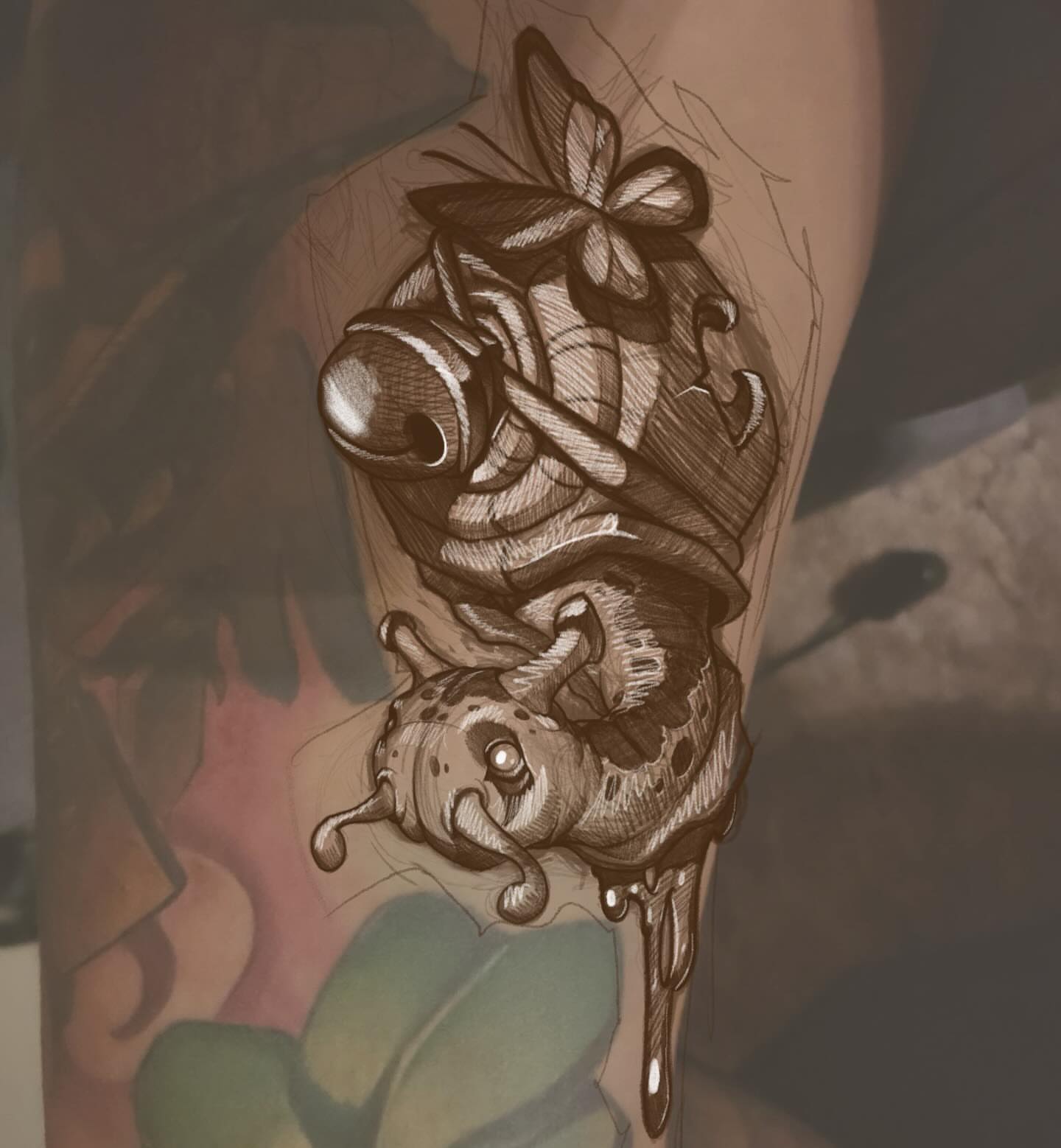 Worm and flower realism tattoo on the forearm by BigTatty Kayne