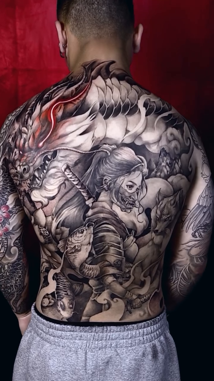 Samurai warrior with dragon and elephant japanese irezumi tattoo by LaurenBeez