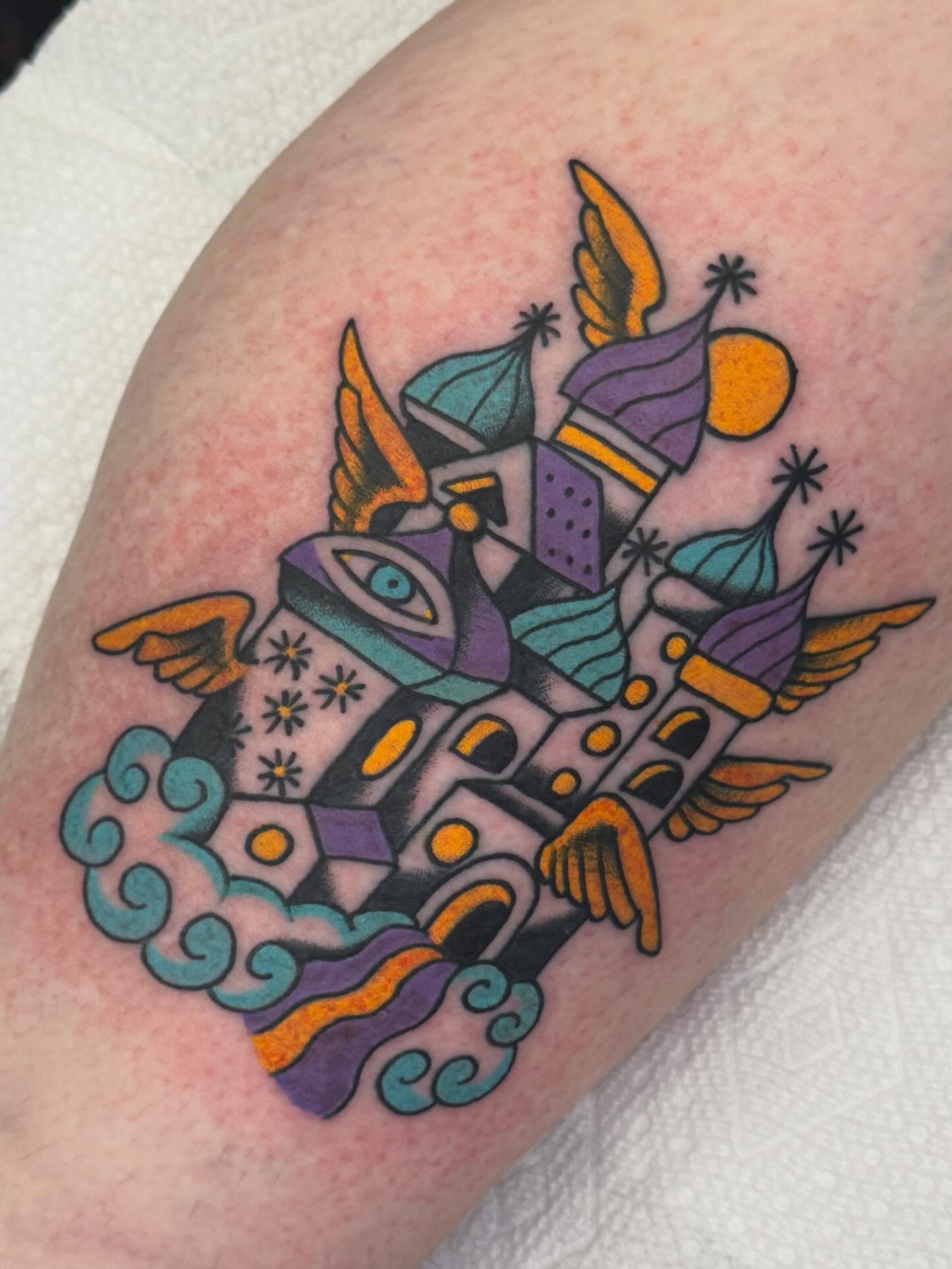 Rocket with wings American traditional tattoo on the forearm by Painted Peach Tattooer