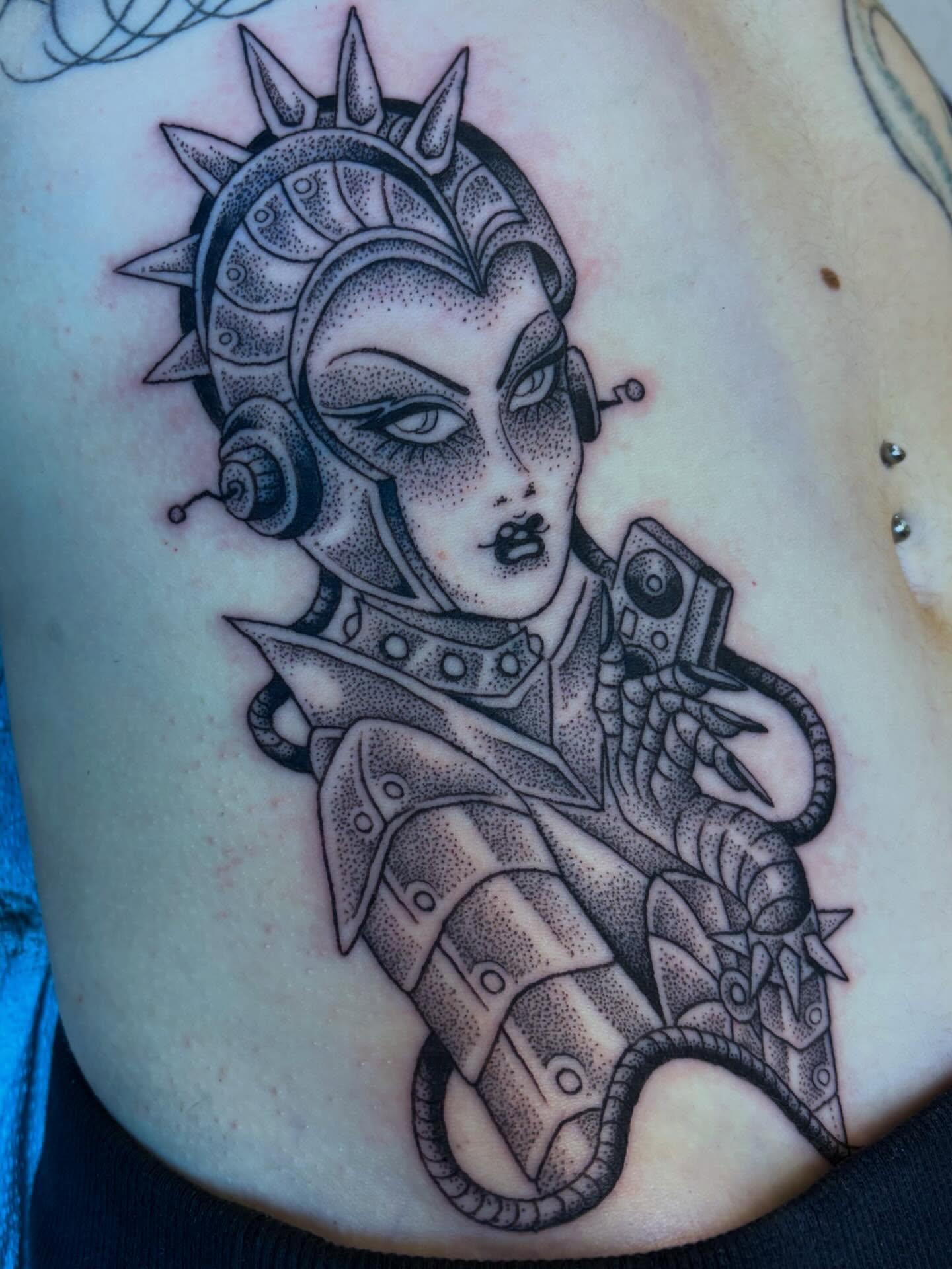 Cyborg woman dotwork tattoo on the ribs by ☠︎ ︎𝗘𝗩𝗔 ☠︎︎