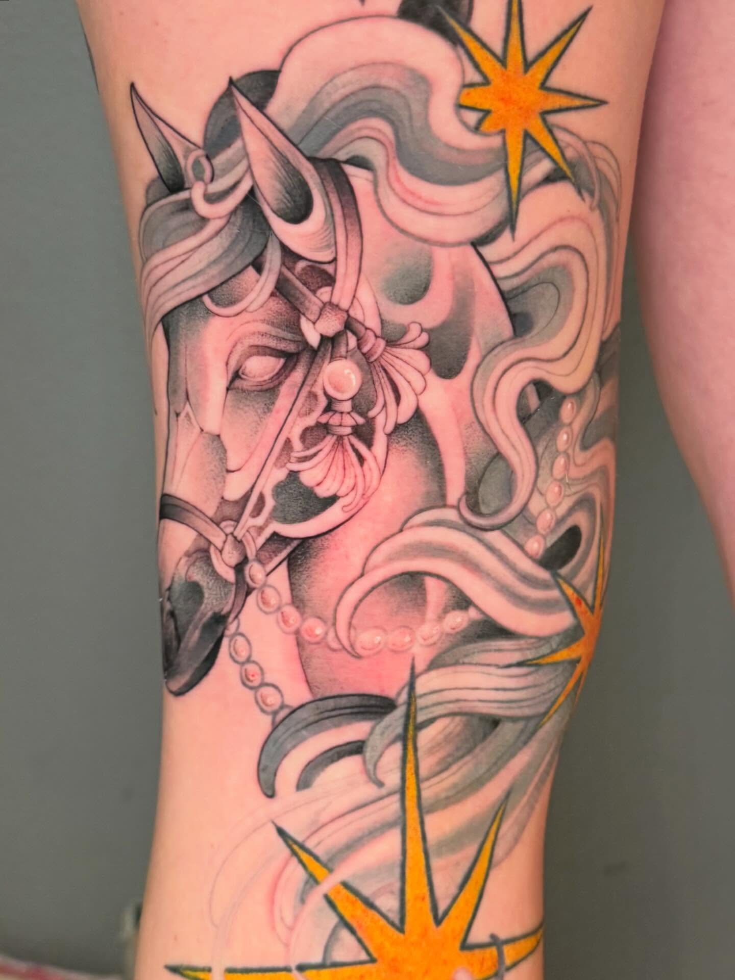 Unicorn realism tattoo on the forearm by ᴋᴀᴛᴇ ᯽ ᴘᴀᴄɪᴏᴛᴛɪ