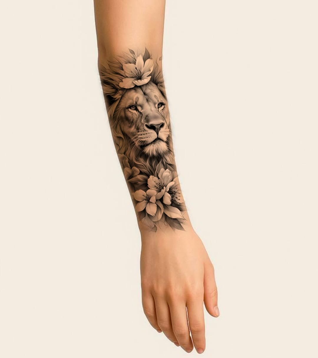 Lion head with flowers fine line tattoo on the forearm by ๐๐๐๐๐๐๐ ๐ฌ.๐ผ