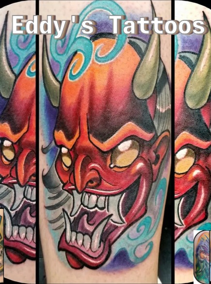 Demon mask japanese irezumi tattoo on the forearm by Edward Argibay