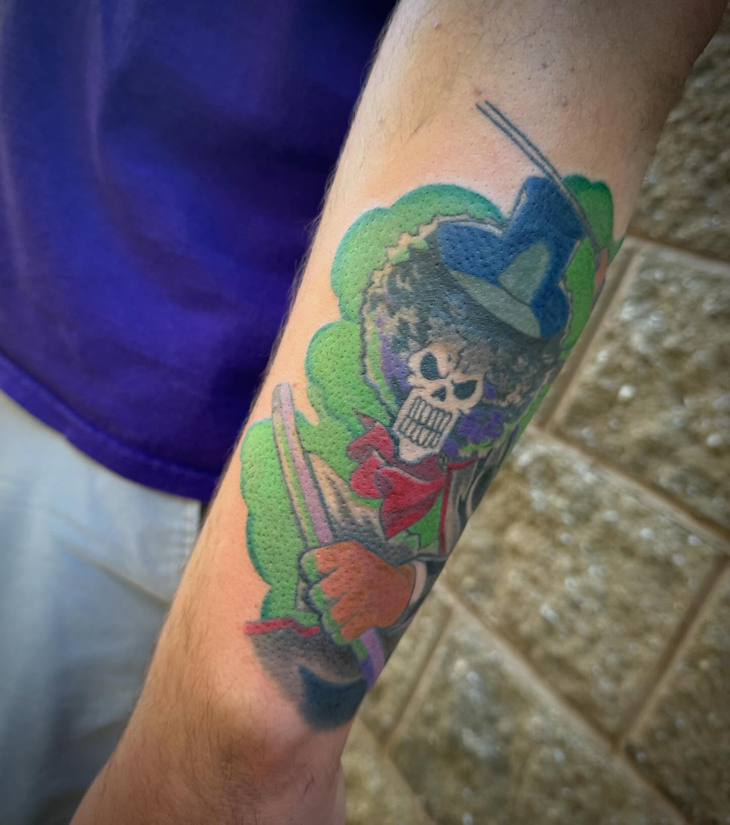 Skull with sombrero Chicano tattoo on the forearm by Abby Hofman
