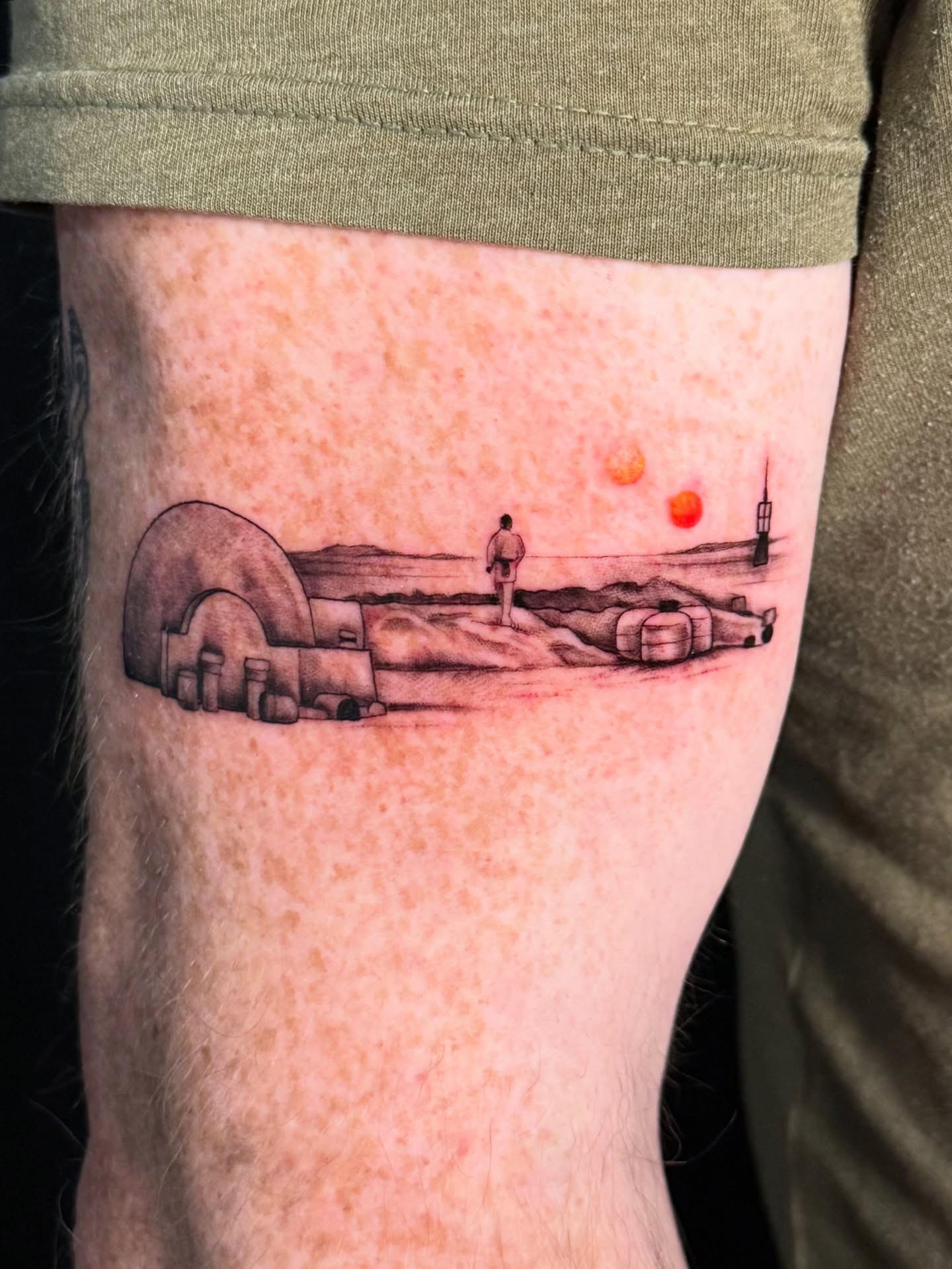 Desert landscape black and grey tattoo on the forearm by HAiZiE