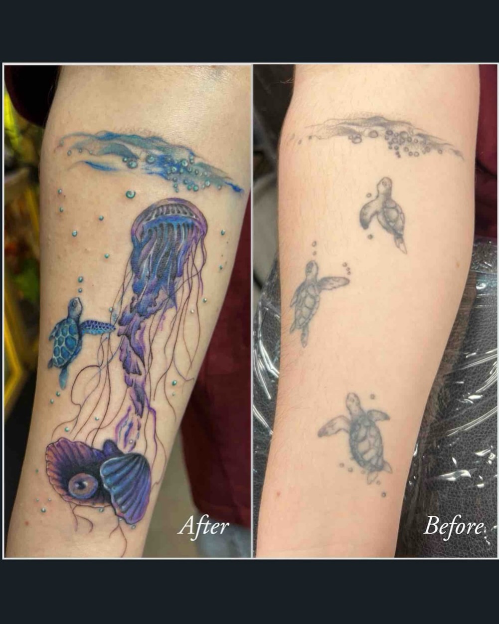 Jellyfish and turtles dotwork tattoo on the forearm by Asap tattoo