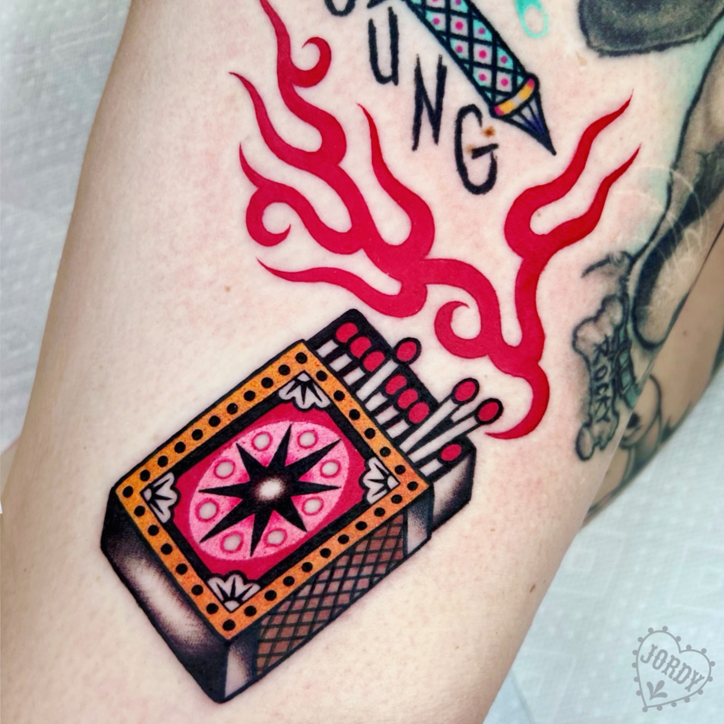 Matchbox with flames dotwork tattoo on the forearm by jordy, Philadelphia, Pennsylvania