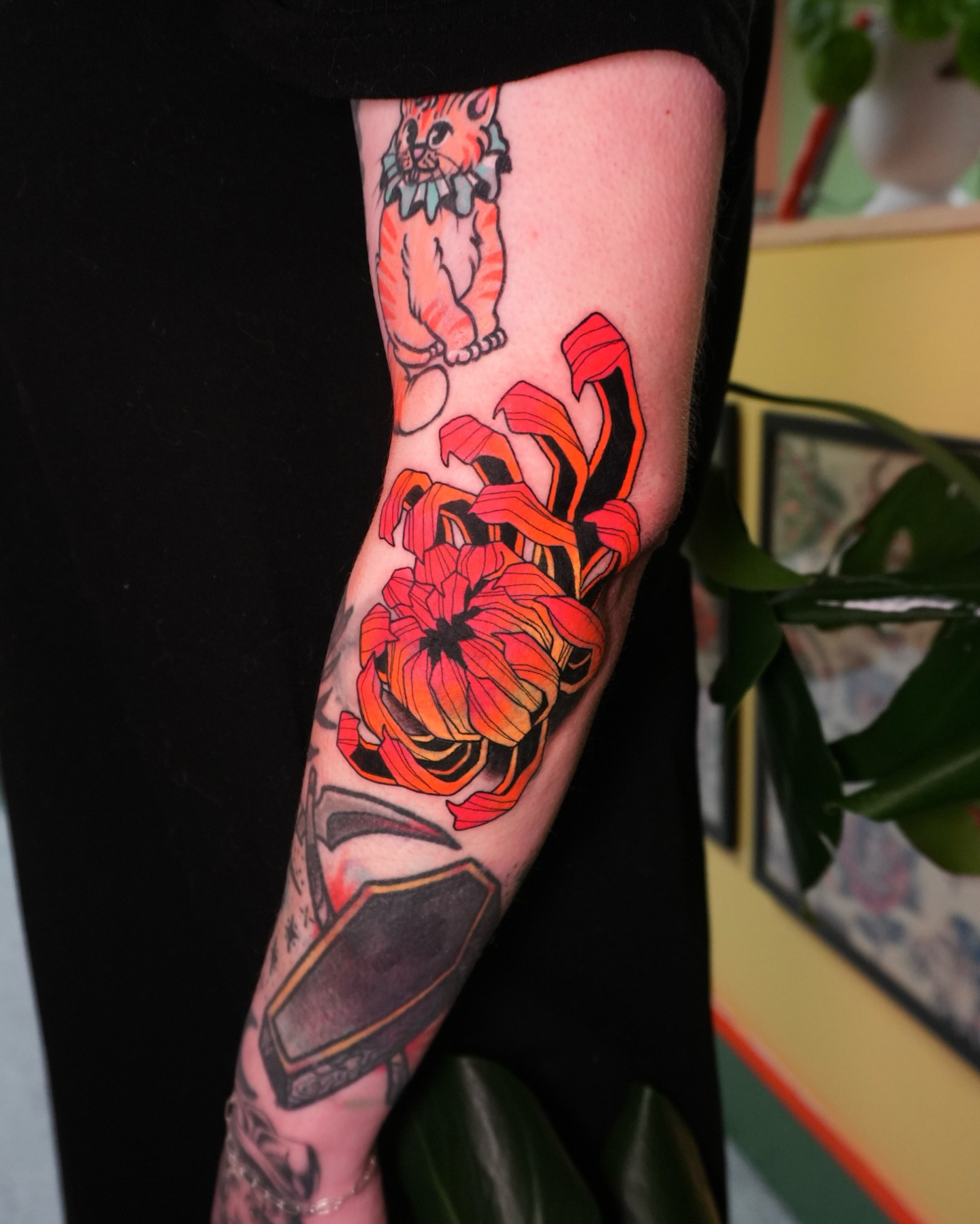 Chrysanthemum and tiger neo-traditional tattoo on the forearm by Sophie ✨ Nashville Tattoo Artist ✨