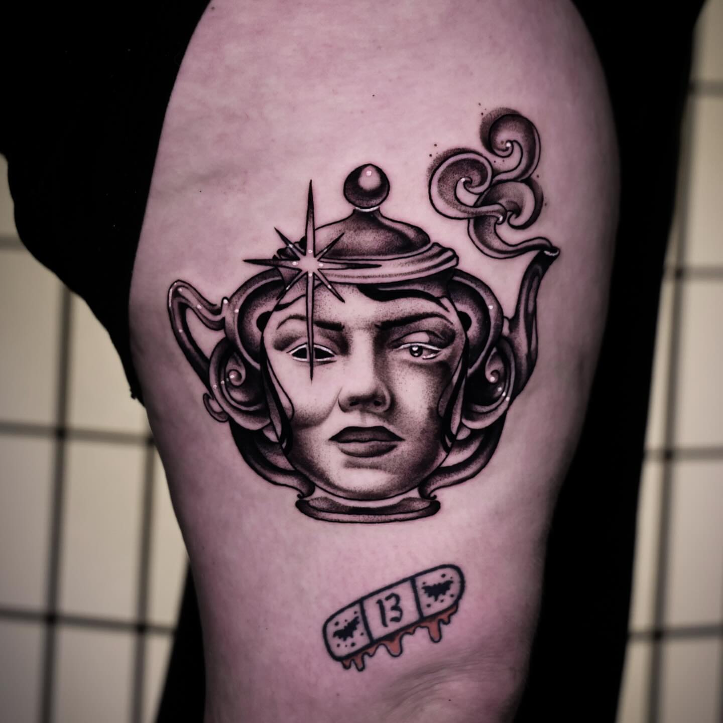 Teapot realism tattoo on the thigh by Haleigh Cunningham, Charlotte, North Carolina