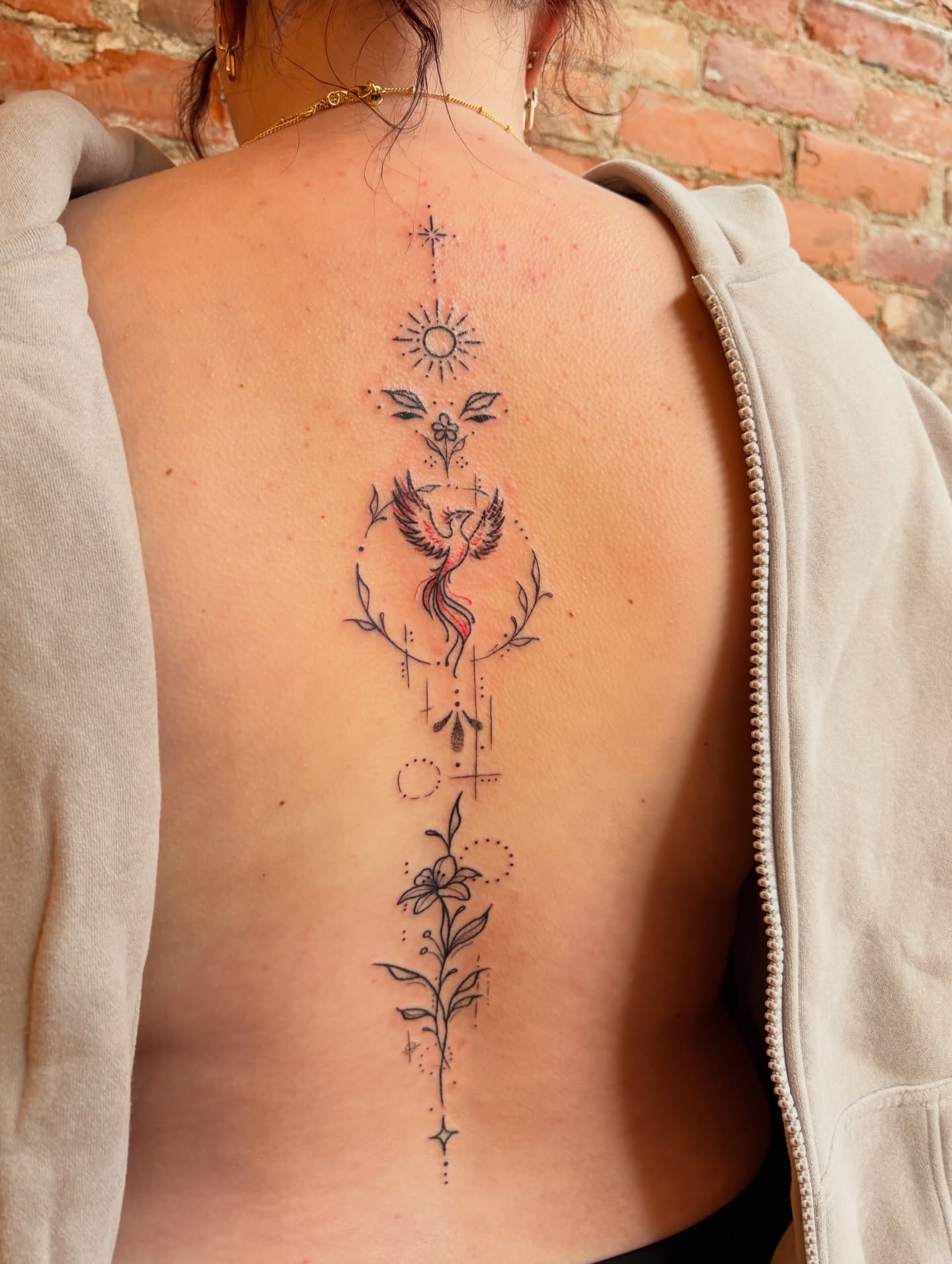 Phoenix and floral geometric tattoo on the back by Jen Osborne ♡ Cincinnati Tattoo Artist