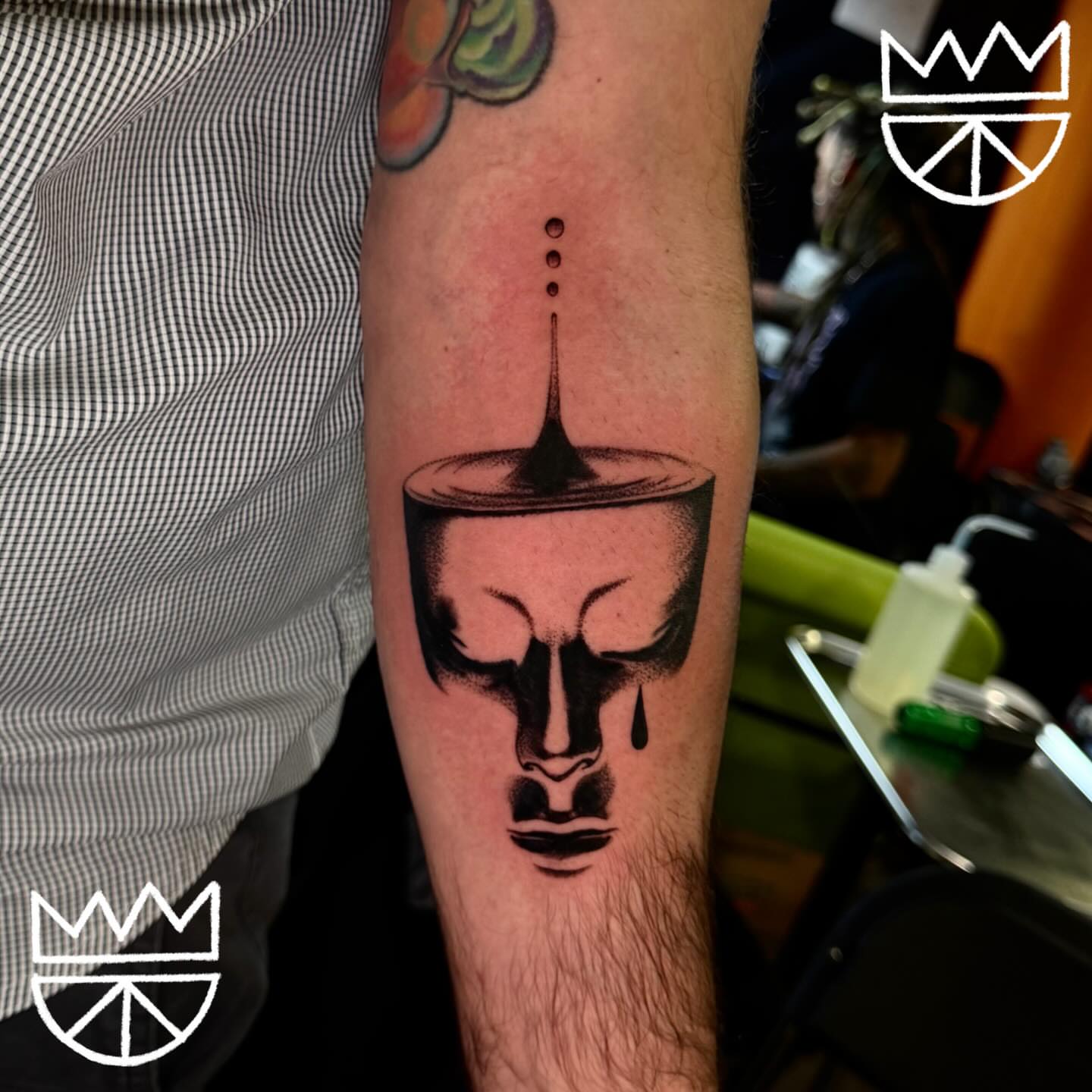 Mask dotwork tattoo on the forearm by Prncjordn, Stallings, North Carolina