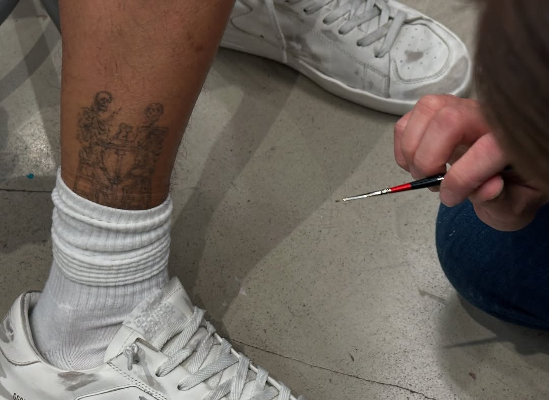 Skeletons playing chess tattoo on the leg by @taravychi