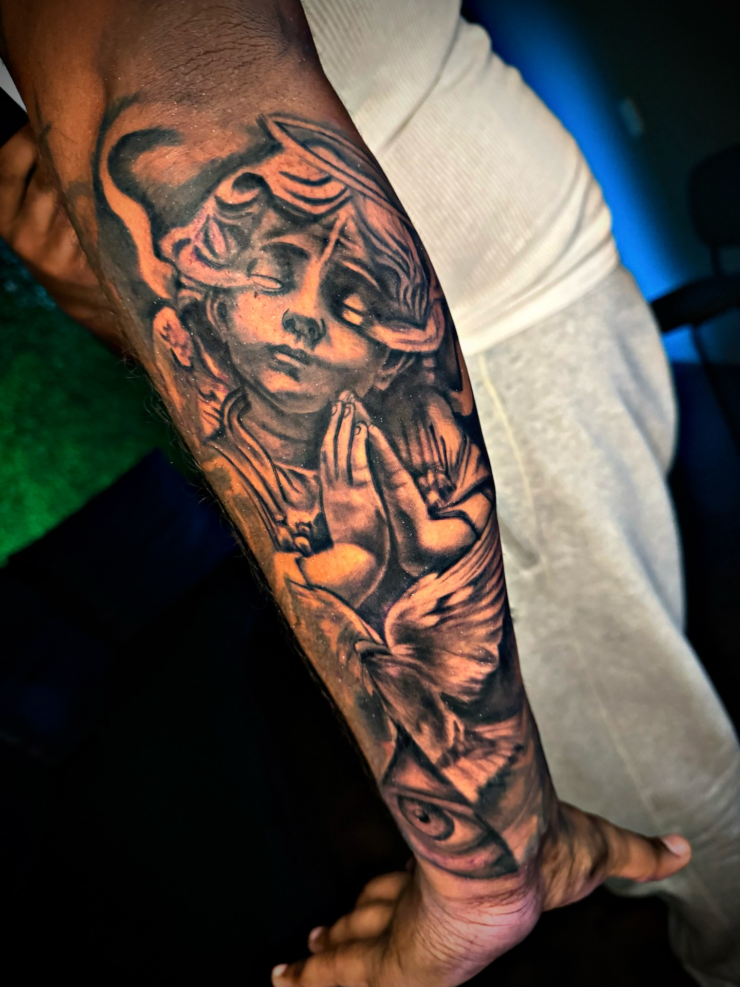 Child and dove realism tattoo on the forearm by Dallas Tattoo Artist📍