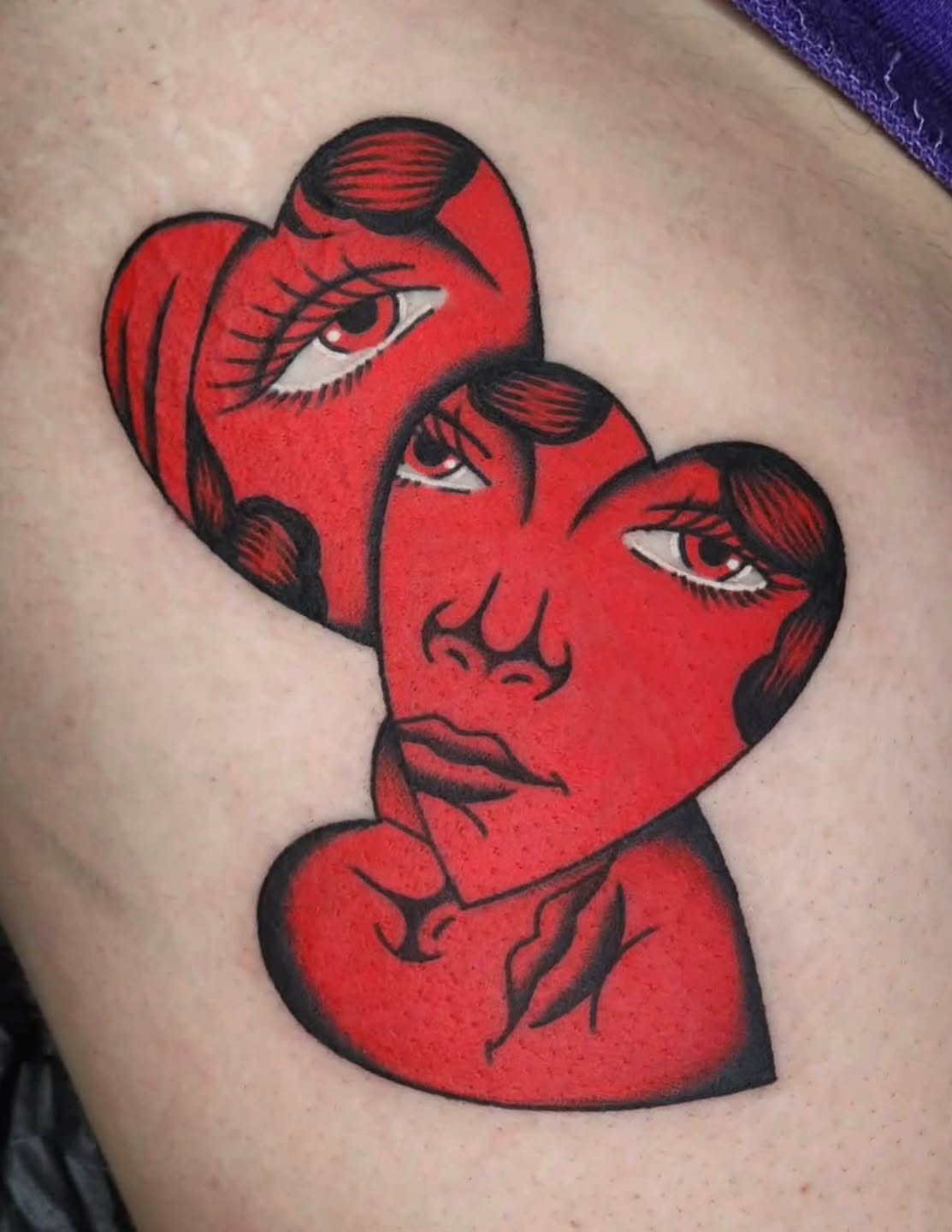Female faces American traditional tattoo on the thigh by 𝘈𝘋𝘈𝘔 𝘉𝘈𝘙𝘕𝘌𝘚