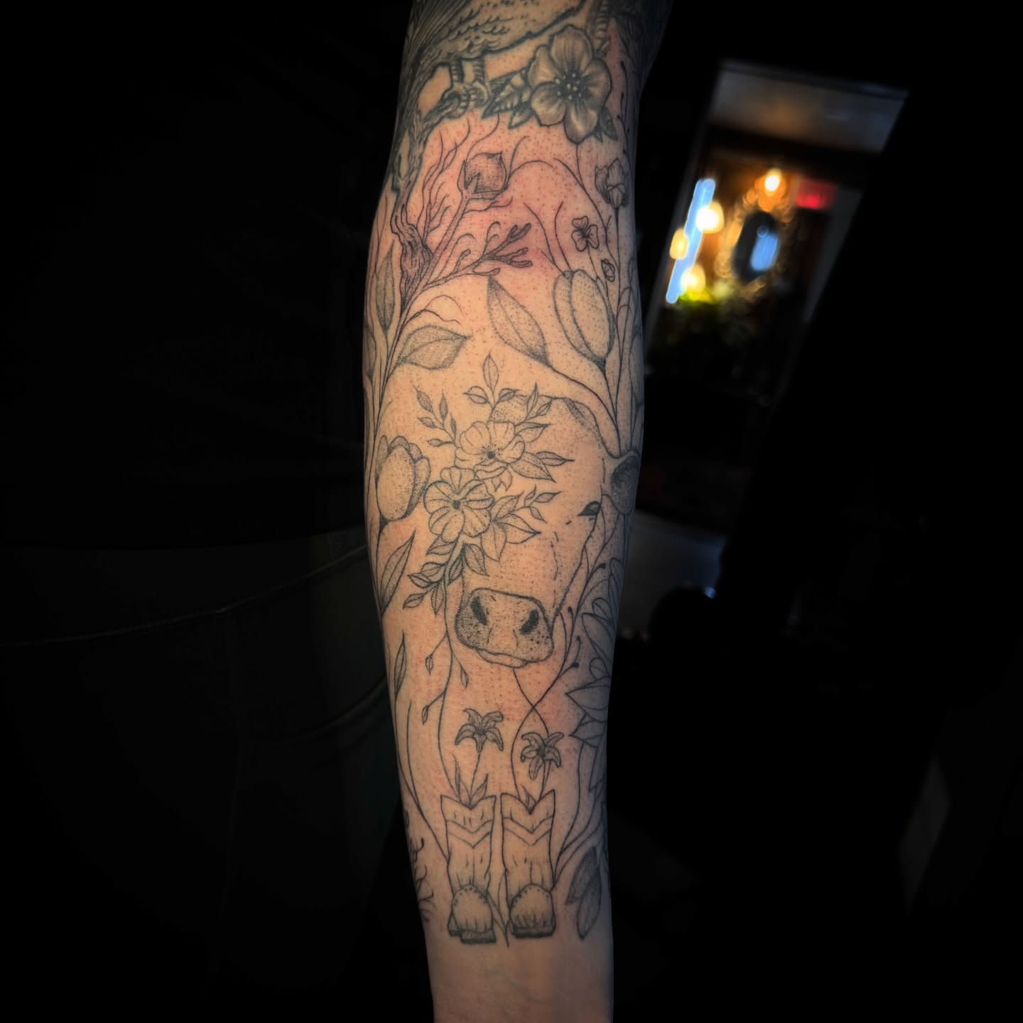Cow and floral black and grey tattoo on the forearm by ollie b ⋆⟡⋆, Dayton, Ohio