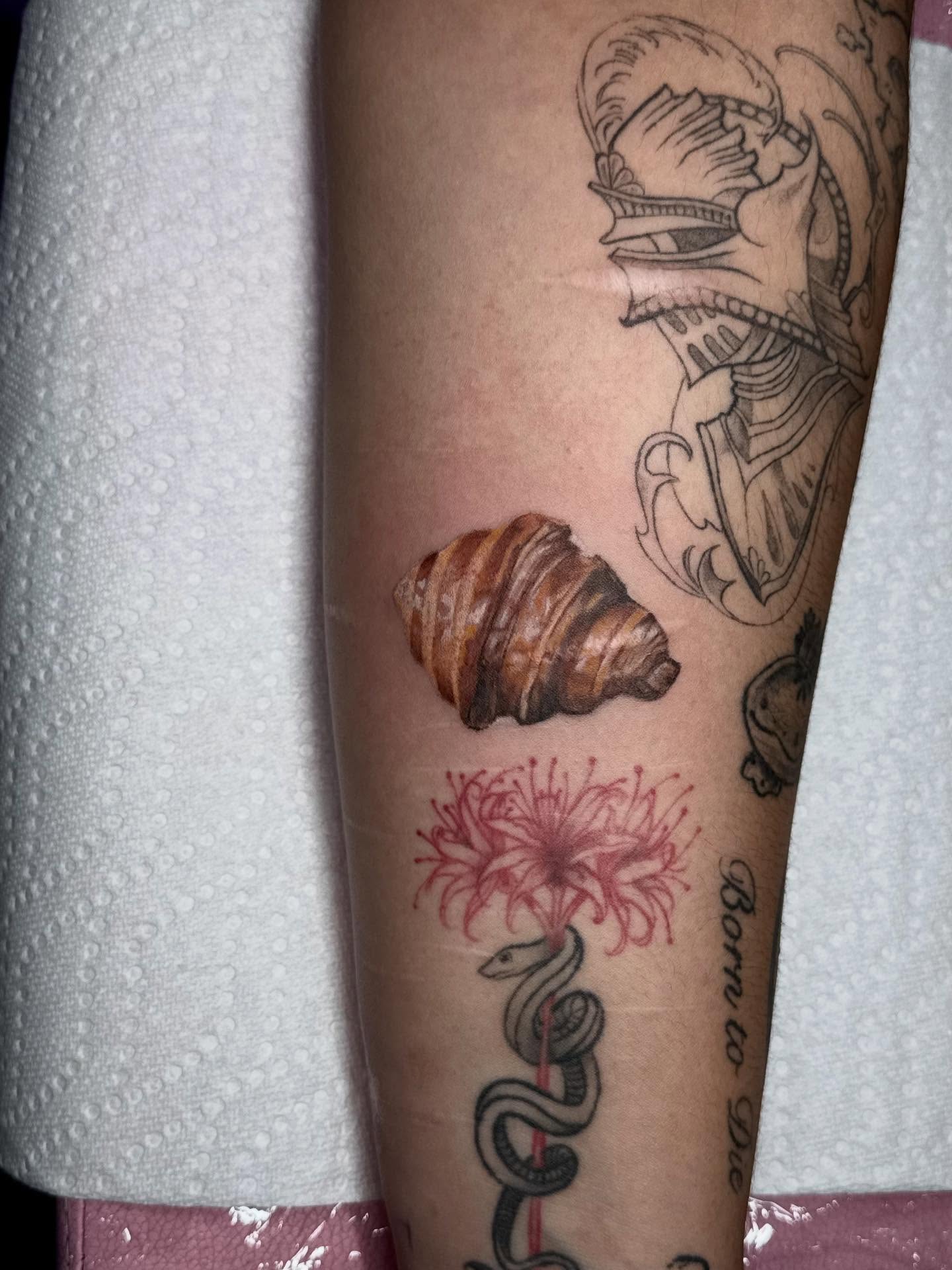 Shell and flower realism tattoo on the forearm by Nat🫧