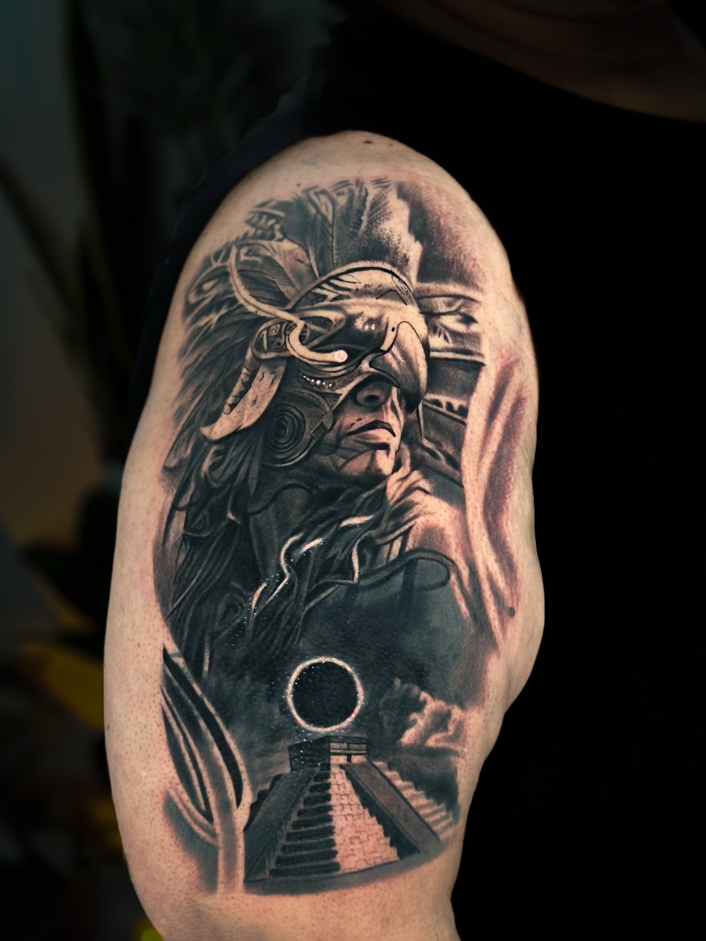 Indian warrior realism tattoo on the upper arm by Nathan, Charlotte, North Carolina
