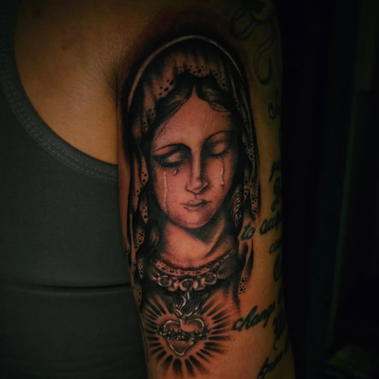 Religious figure realism tattoo on the forearm by Ari🖤