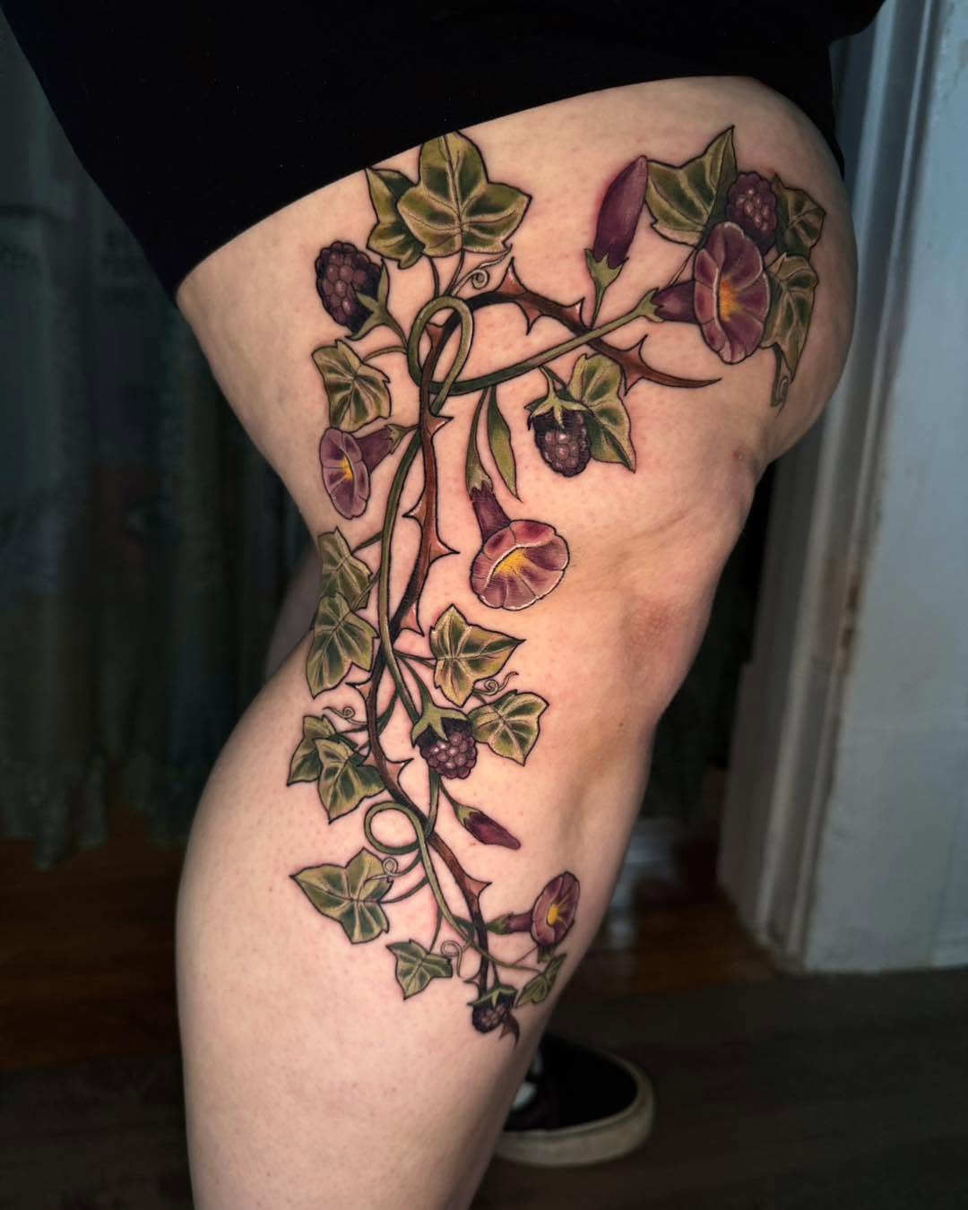 Morning glory vine realism tattoo on the thigh by Mikaela Rush, Greensboro, North Carolina