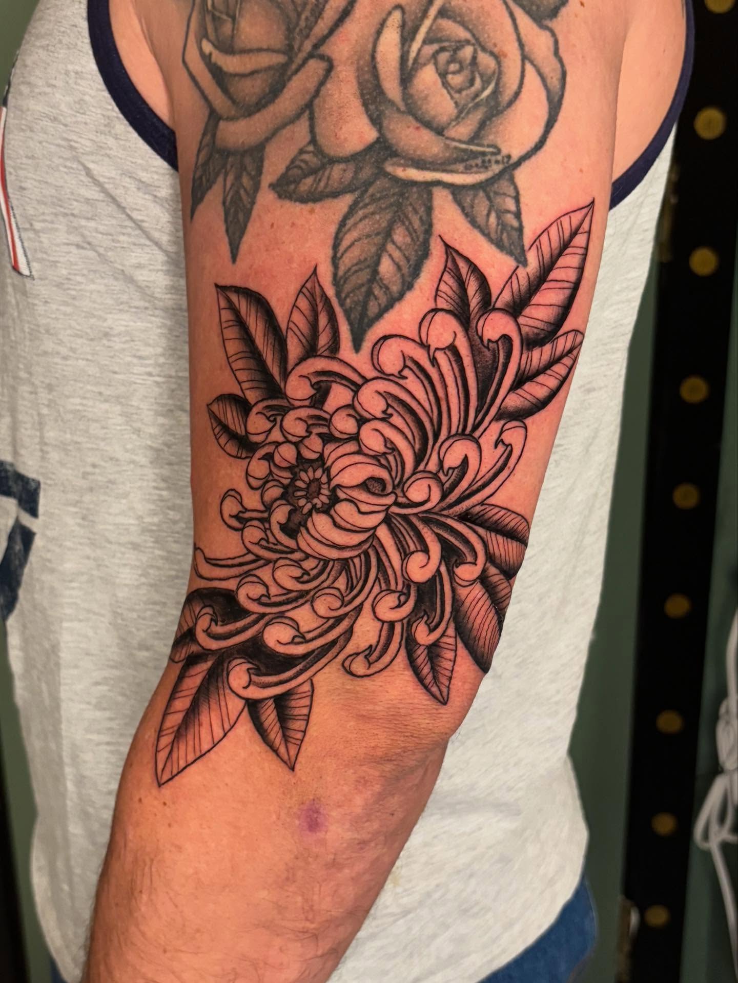 Chrysanthemum black and grey tattoo on the forearm by ☻︎ Cyd Precious ☹︎