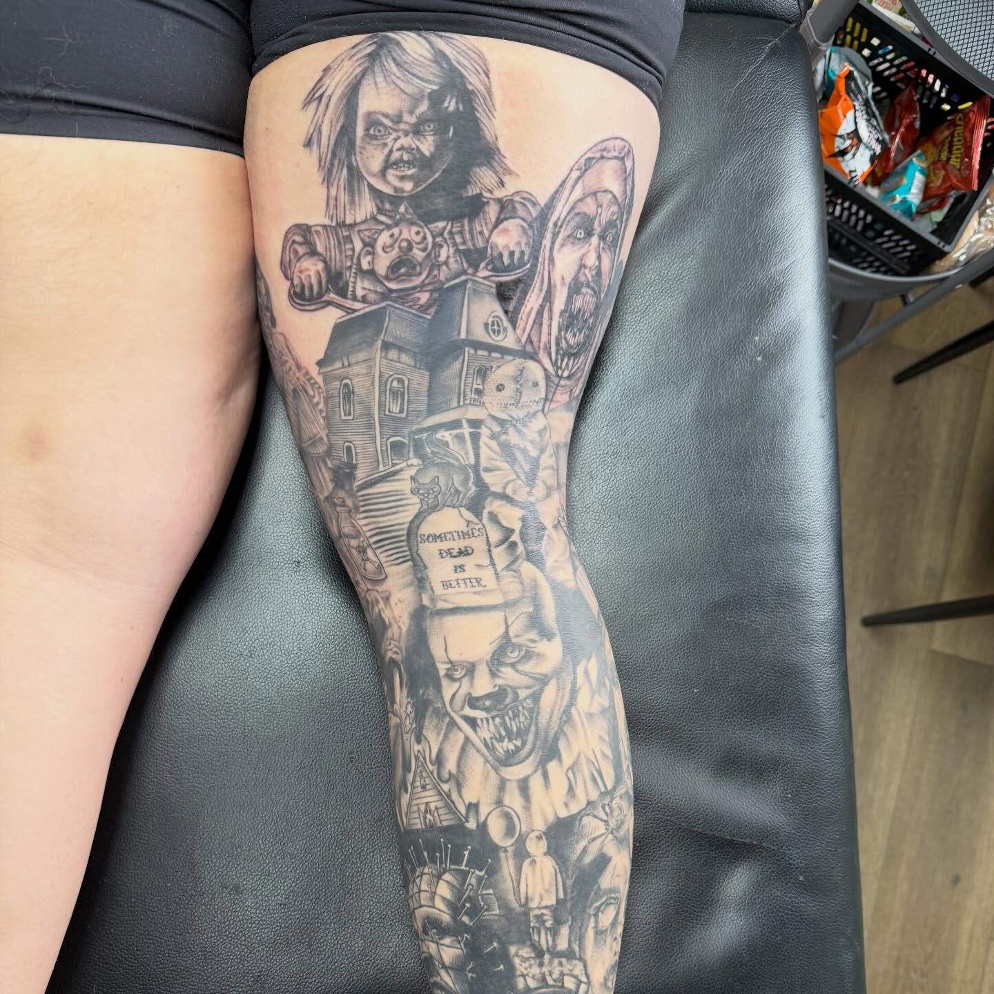 Horror movie characters realism tattoo on the thigh by Tina Gregg, North Ridgeville, Ohio